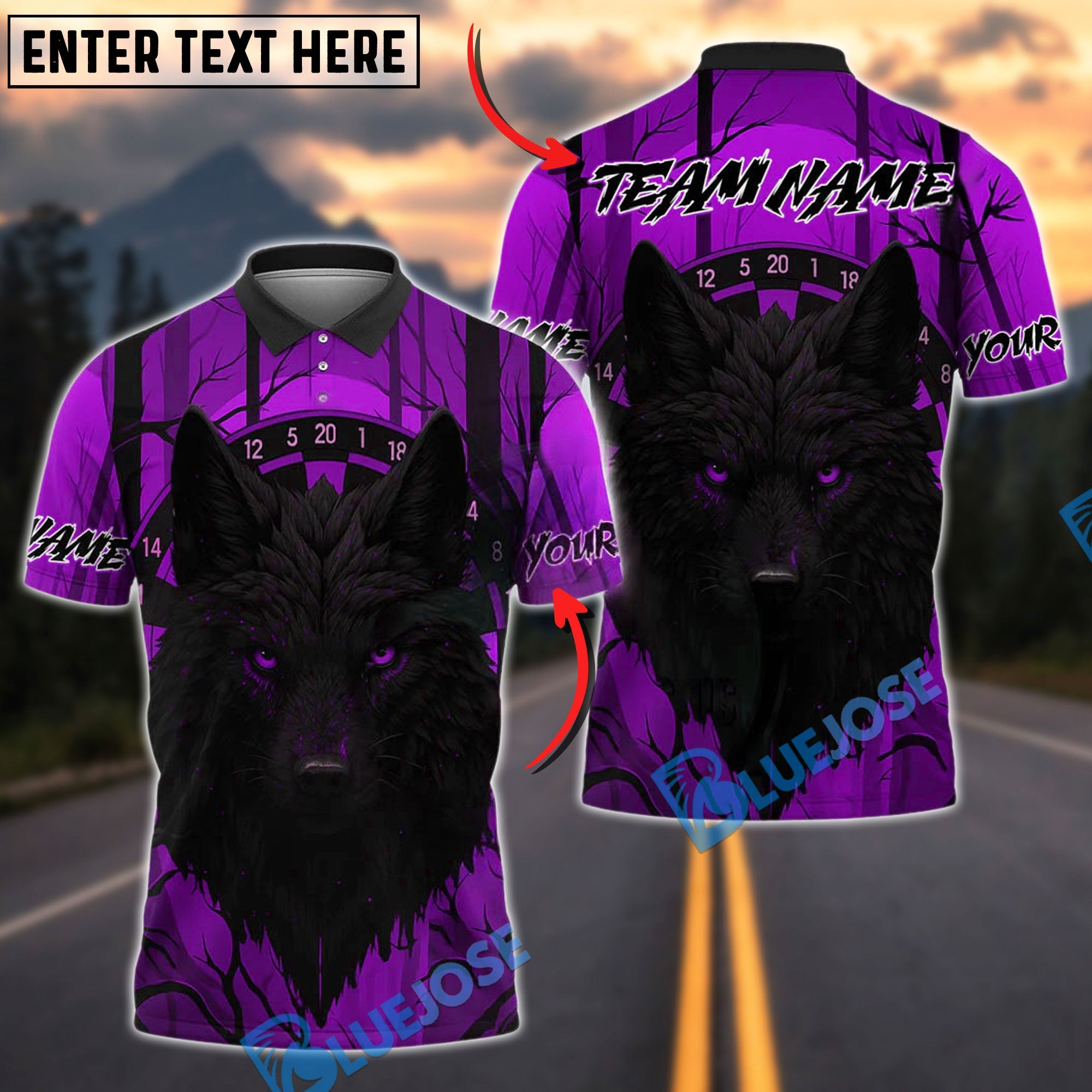 BlueJose Darts Wolf Dark Jungle Personalized Name, Team Name Shirt (4 Colors)