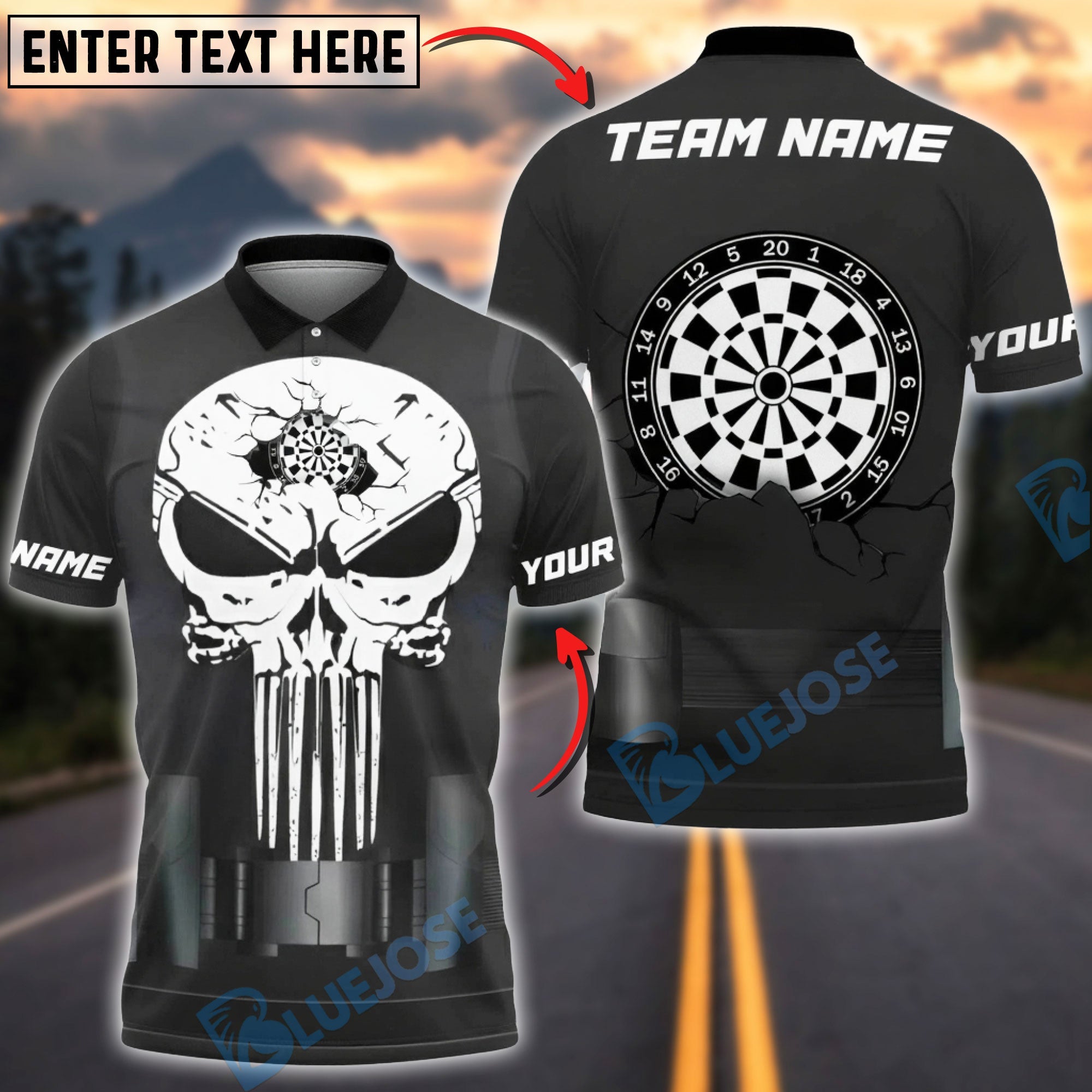 BlueJose Darts Punisher Skull Cracked Design Personalized Name Shirt