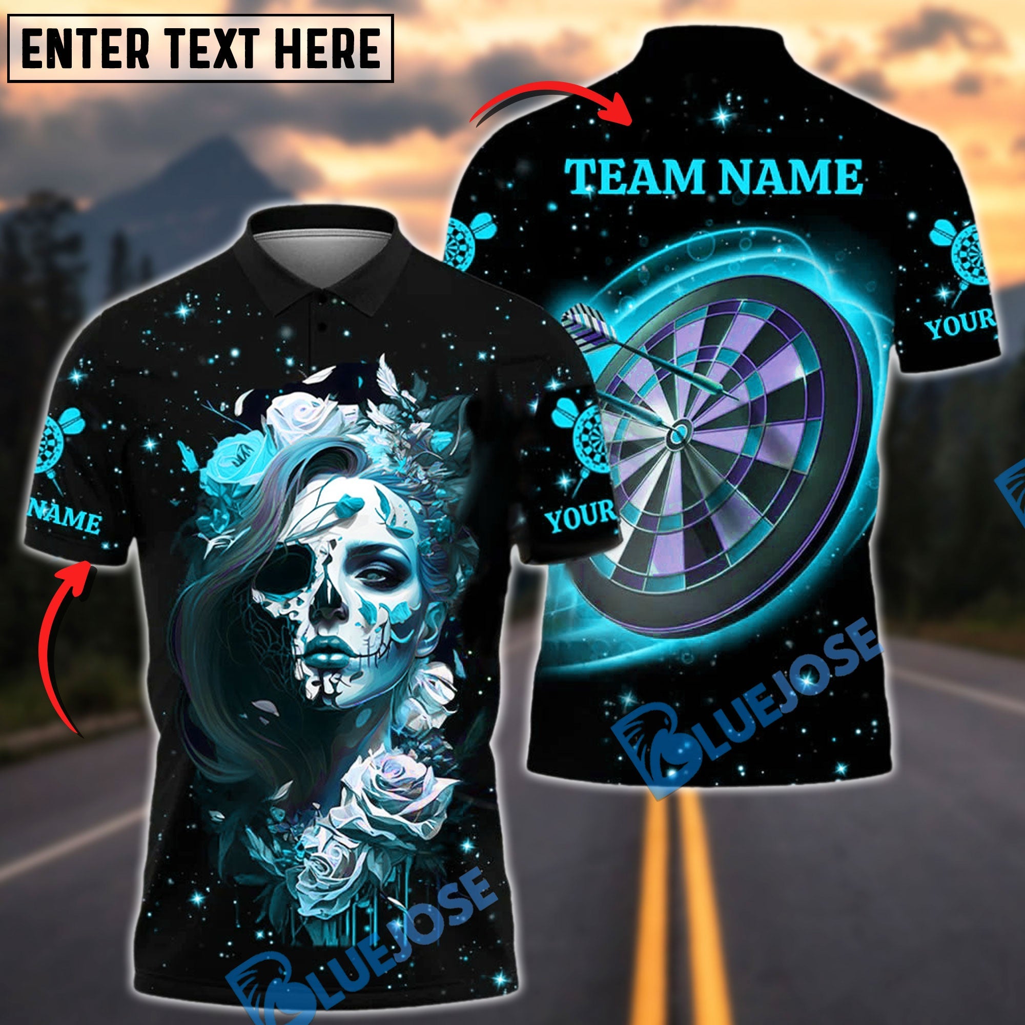 BlueJose Darts Rose Reaper Neon Skull Girl Customized Name, Team Name 3D Shirt (4 Colors)