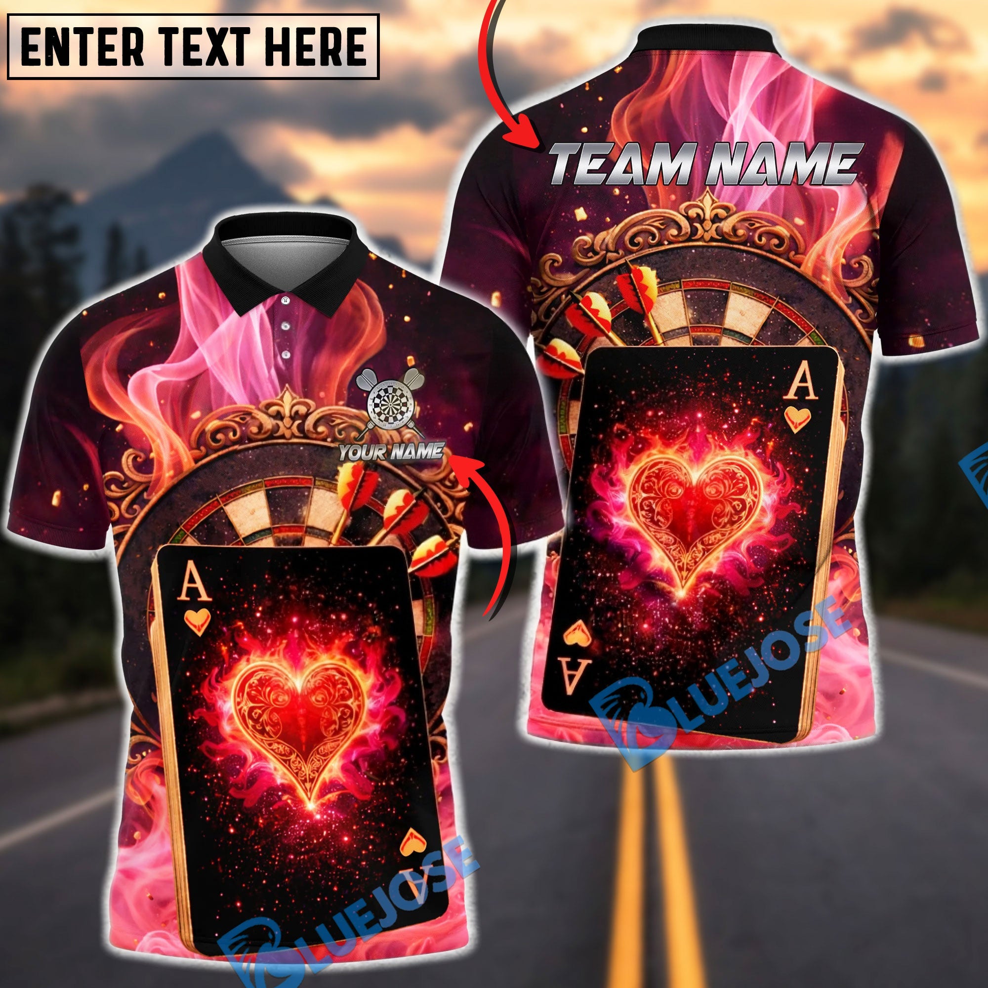 BlueJose Darts Ace of Hearts Romantic Casino Style Personalized Name Shirt