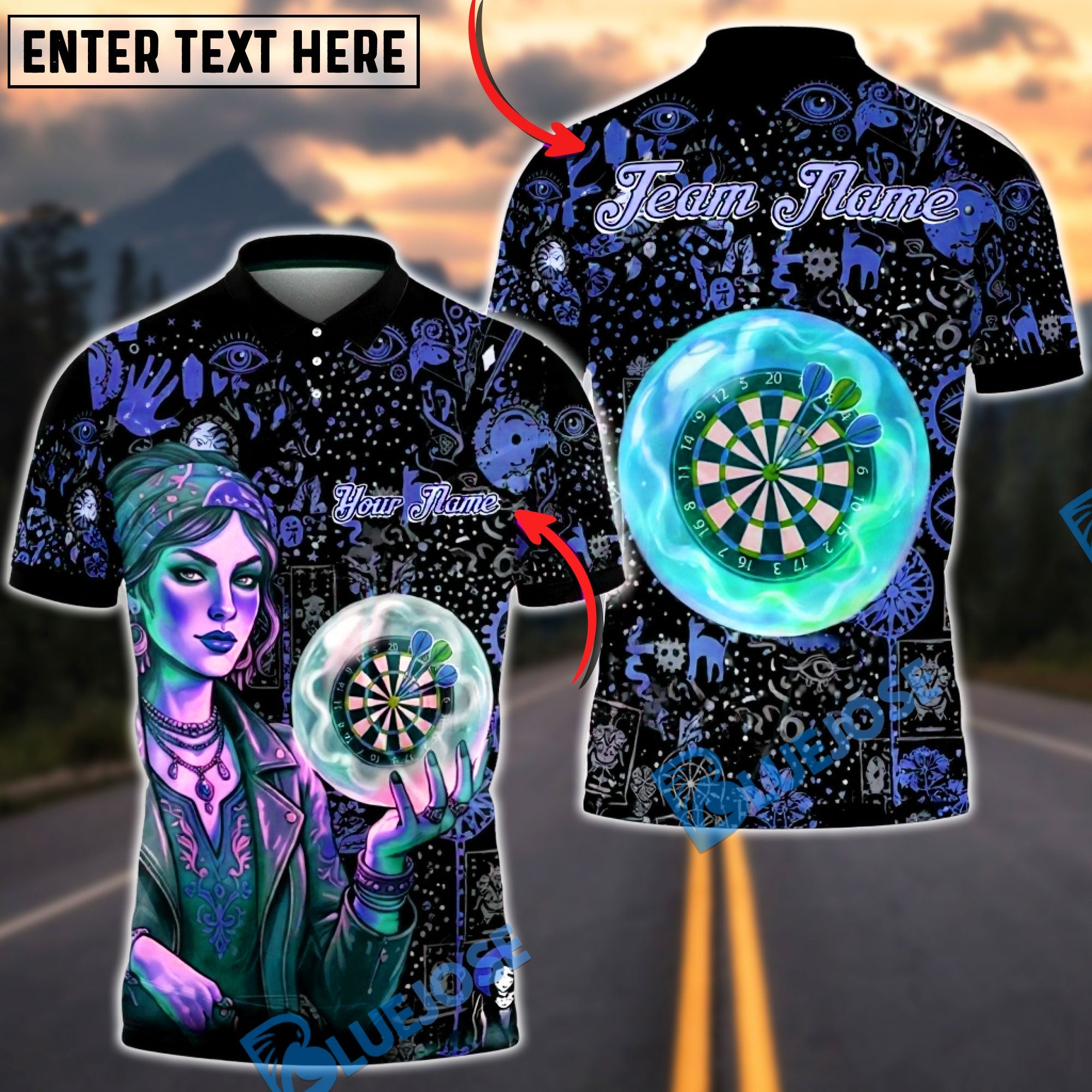 BlueJose Darts Mystic Fortune Teller Crystal Ball Dartboard Art Personalized Name, Team Name Unisex Shirt (4 Colors)