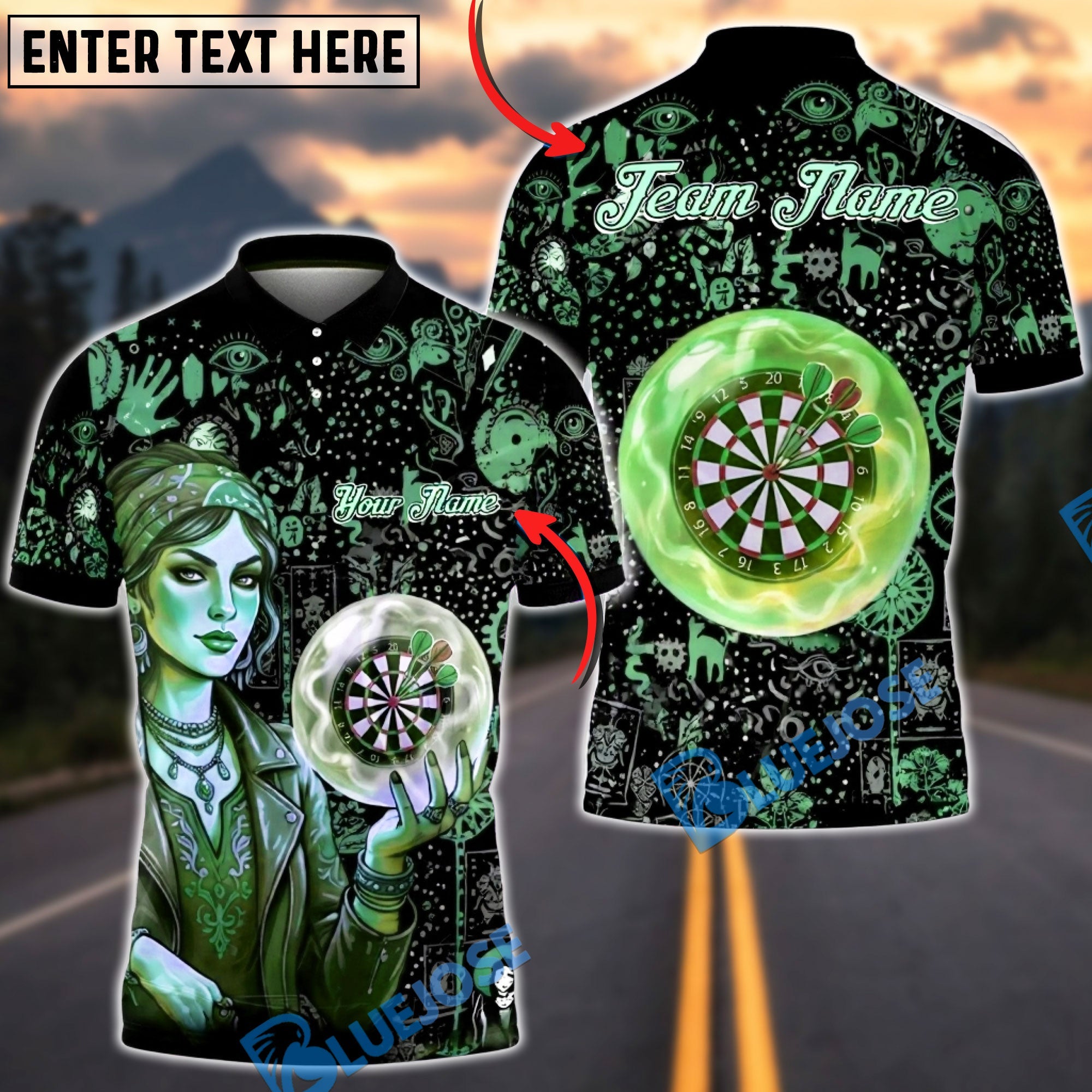 BlueJose Darts Mystic Fortune Teller Crystal Ball Dartboard Art Personalized Name, Team Name Unisex Shirt (4 Colors)