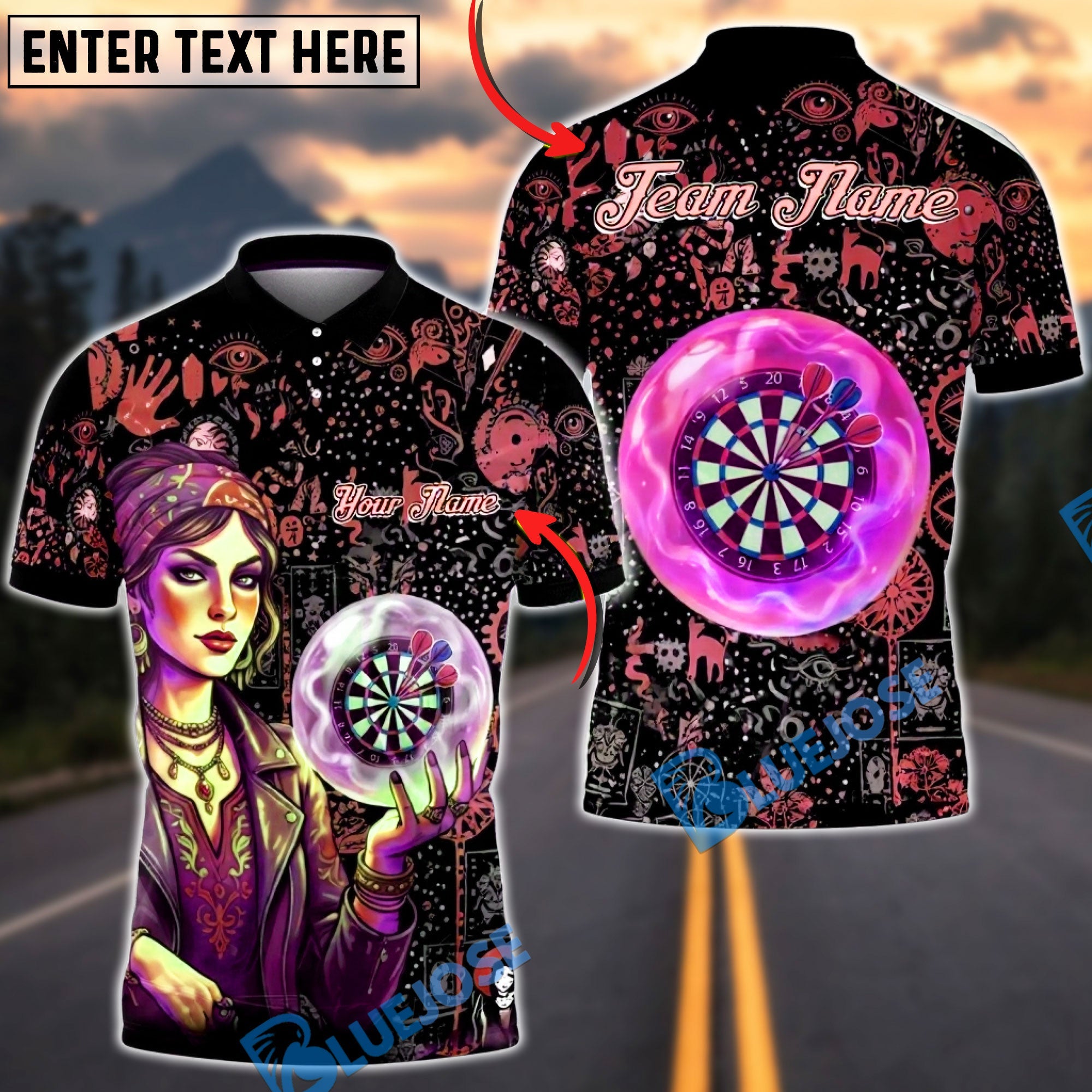 BlueJose Darts Mystic Fortune Teller Crystal Ball Dartboard Art Personalized Name, Team Name Unisex Shirt (4 Colors)