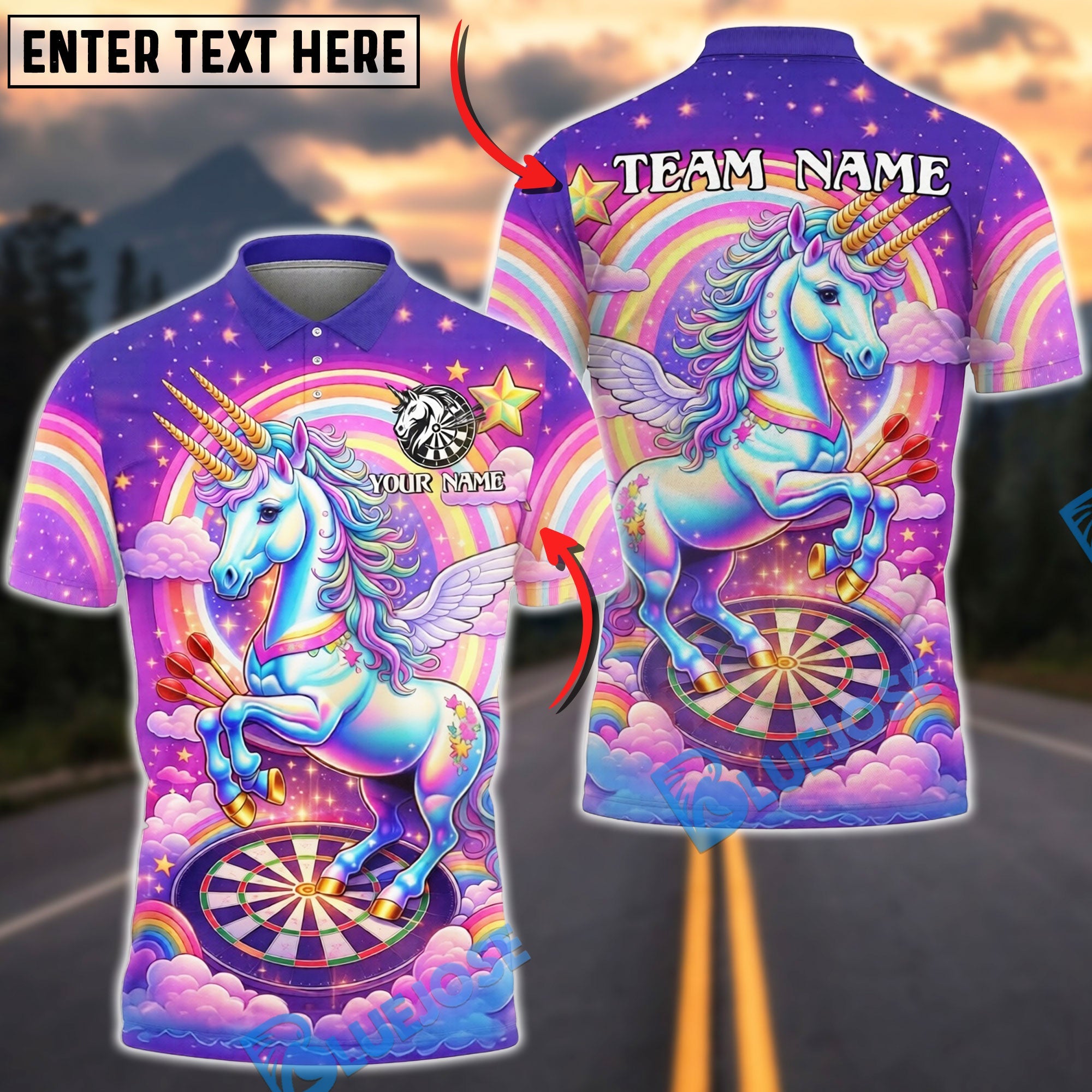BlueJose Darts Magical Rainbow Unicorn Clouds Personalized Name Shirt