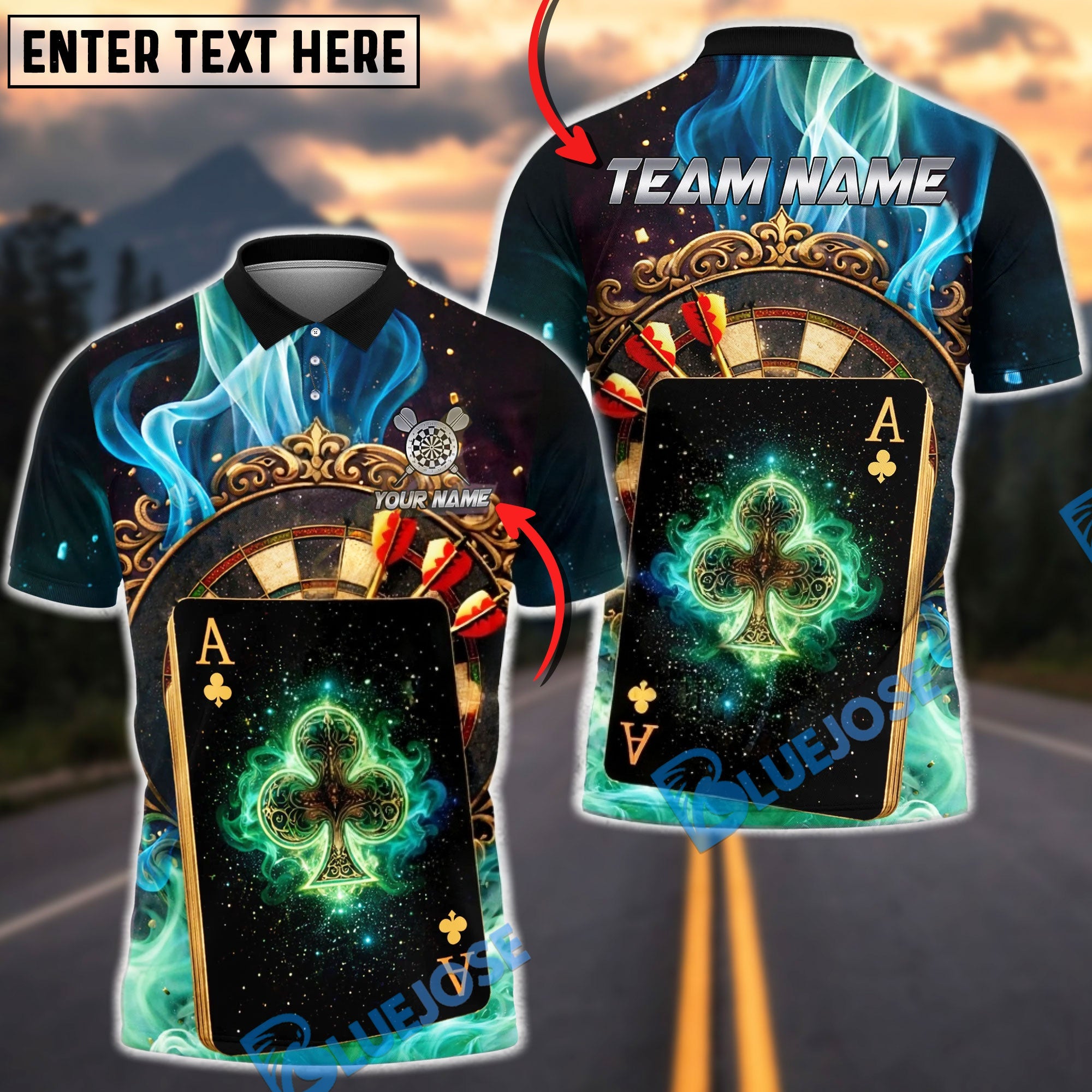 BlueJose Darts Ace of Clubs Luxury Neon Smoke Personalized Name Shirt