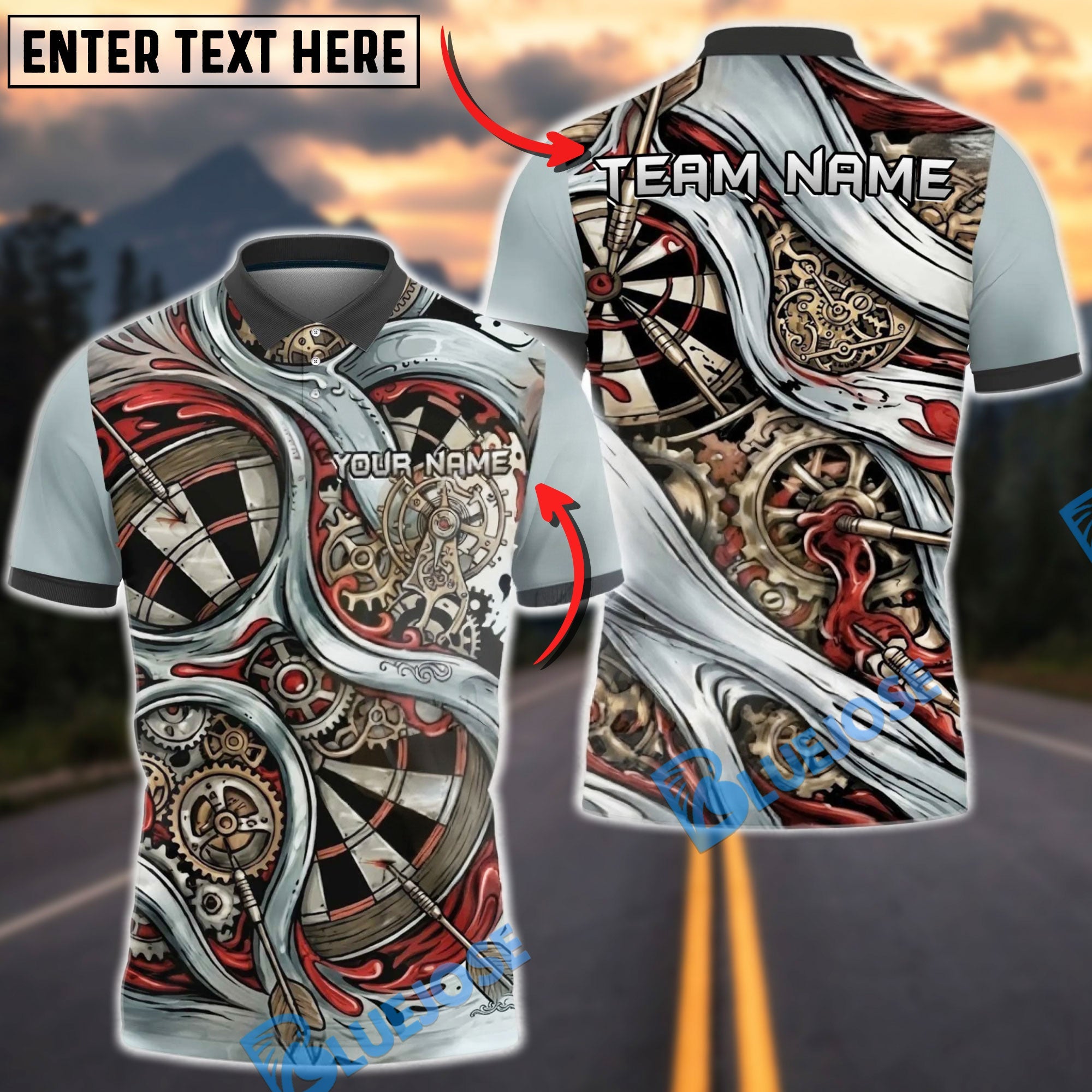 BlueJose Darts Steampunk Gear Dartboard Mechanical Art Personalized Name, Team Name Unisex Shirt (4 Colors)