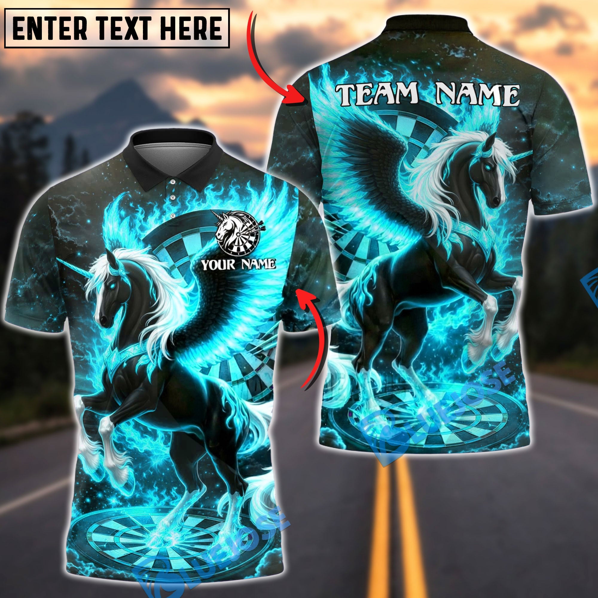 BlueJose Darts Flaming Pegasus Fire Unicorn Personalized Name, Team Name Unisex Shirt (4 Colors)