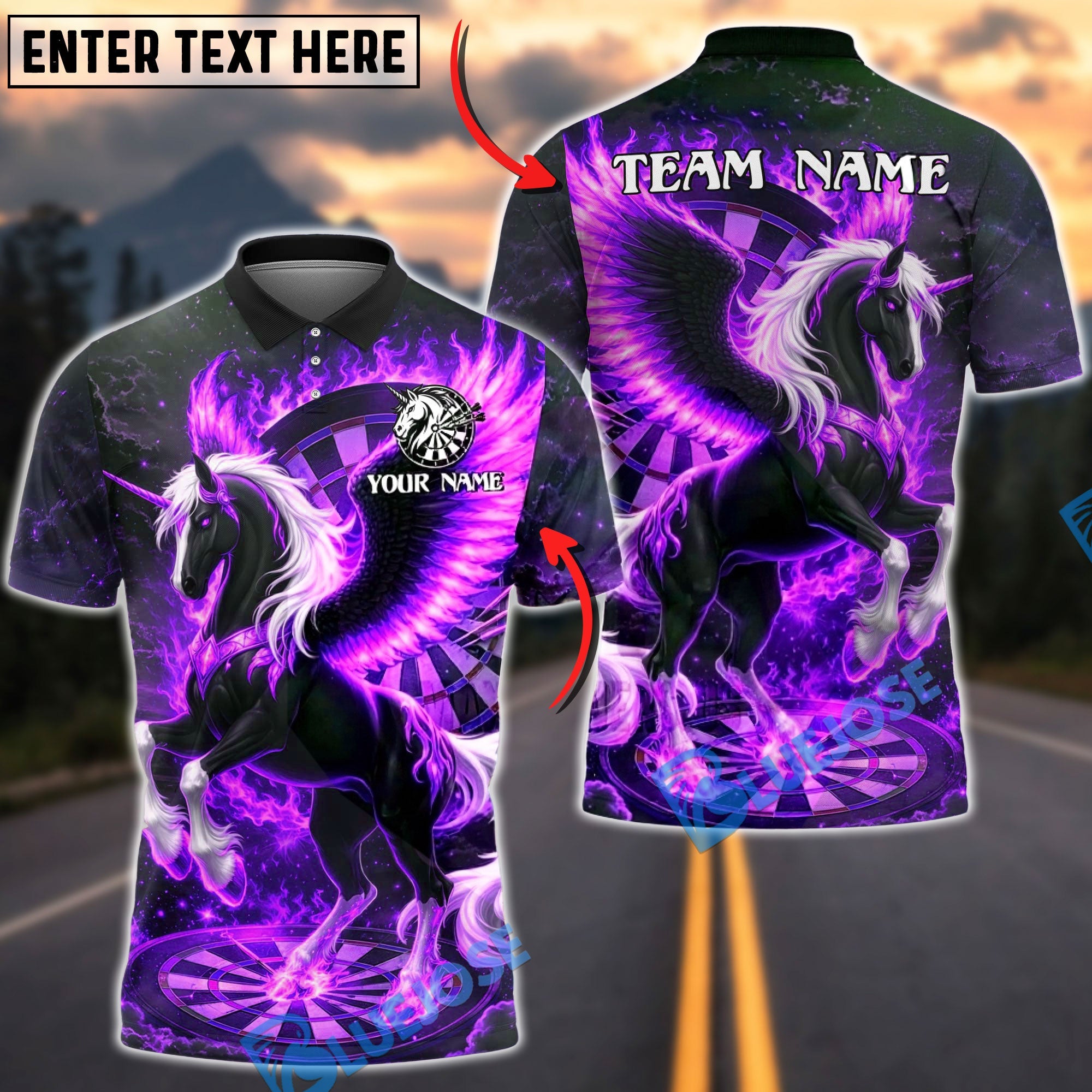 BlueJose Darts Flaming Pegasus Fire Unicorn Personalized Name, Team Name Unisex Shirt (4 Colors)