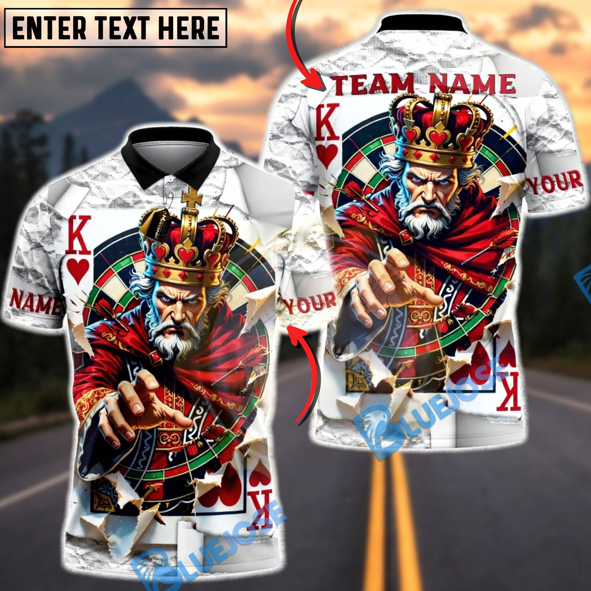 BlueJose Darts King of Hearts Royal Playing Card Personalized Name Shirt