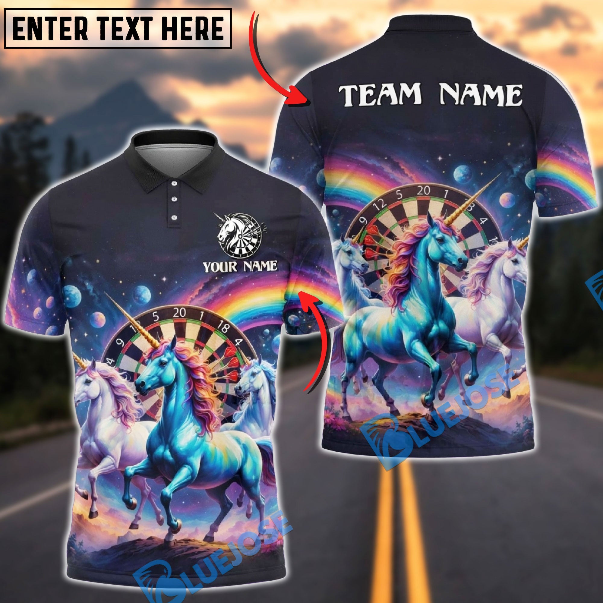 BlueJose Darts Galaxy Cosmic Trio Unicorn Rainbow Personalized Name Shirt