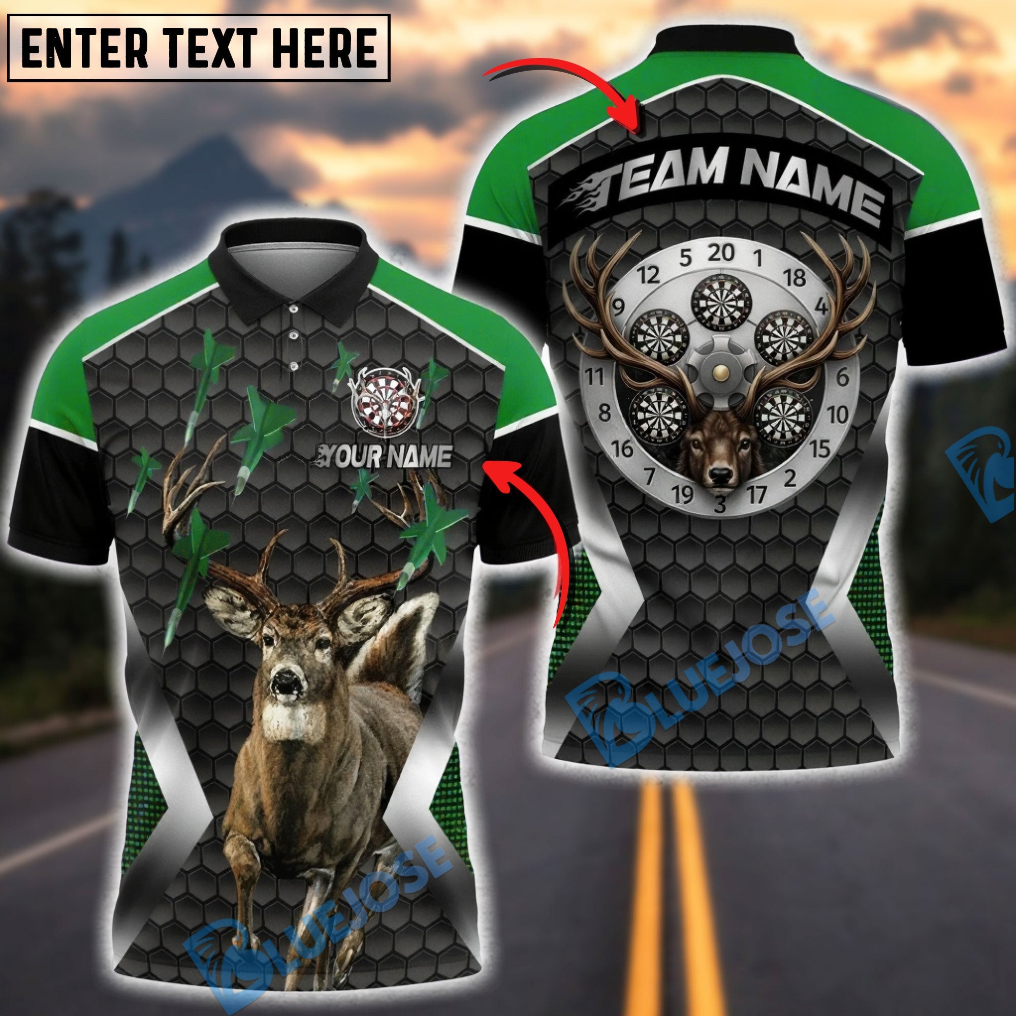 BlueJose Darts Hunter Deer Buck Personalized Name, Team Name Unisex Shirt (4 Colors)