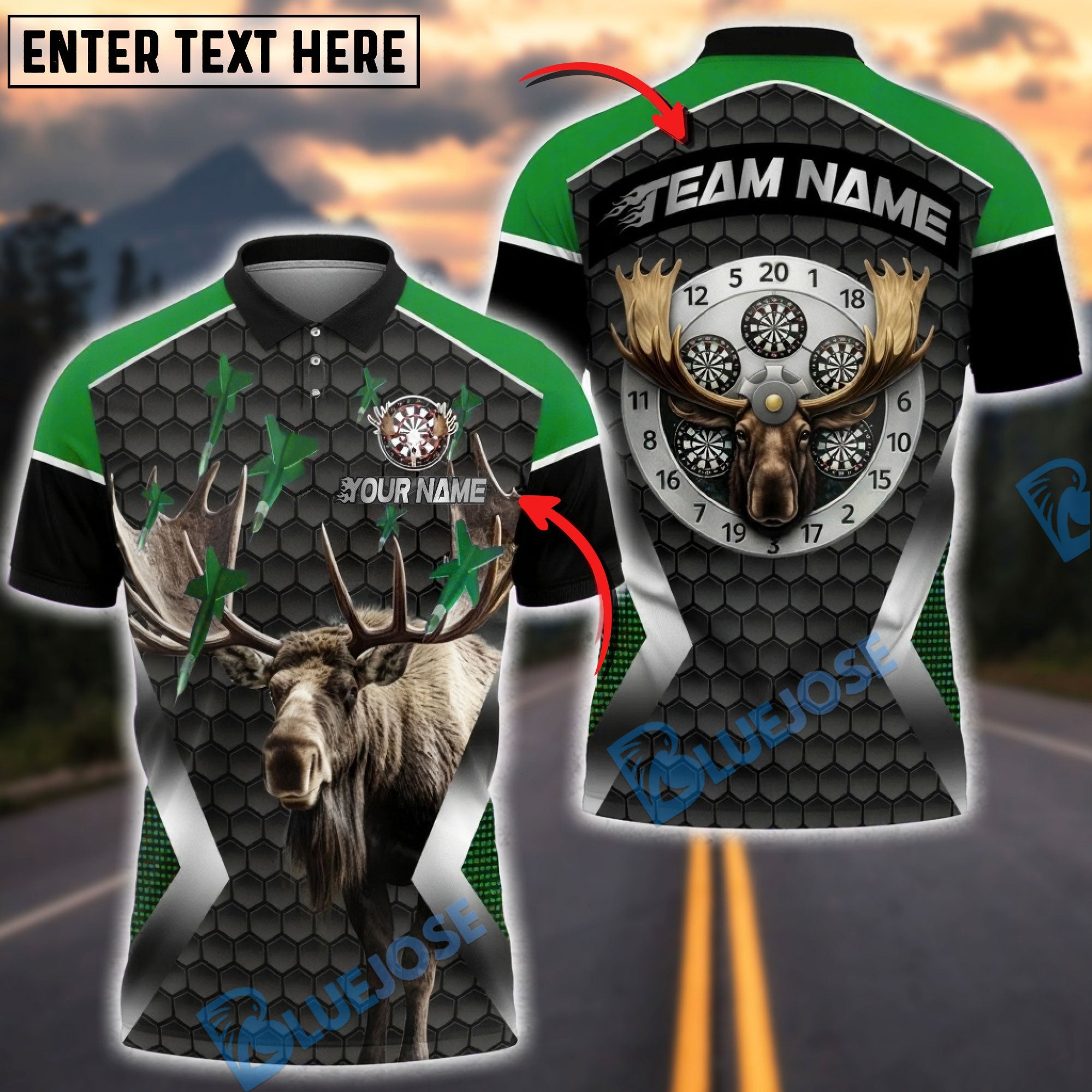 BlueJose Darts Hunter Moose Antlers Personalized Name, Team Name Unisex Shirt (4 Colors)
