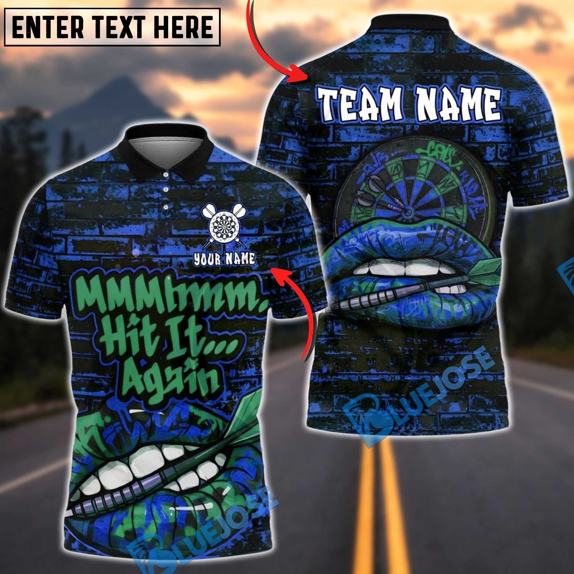 BlueJose Darts Mmm Hit It Again Funny Lip Personalized Name, Team Name Unisex Shirt (4 Colors)