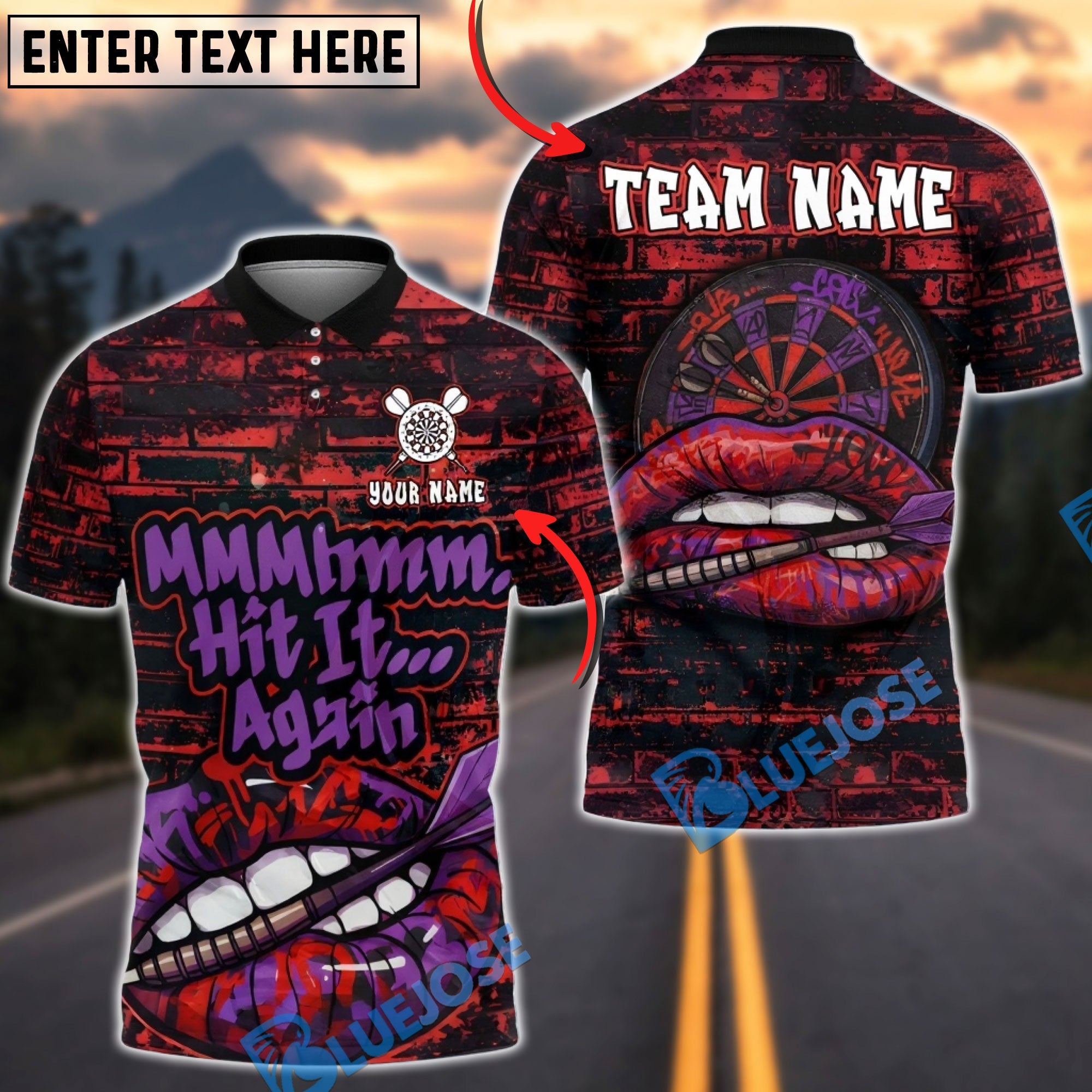 BlueJose Darts Mmm Hit It Again Funny Lip Personalized Name, Team Name Unisex Shirt (4 Colors)