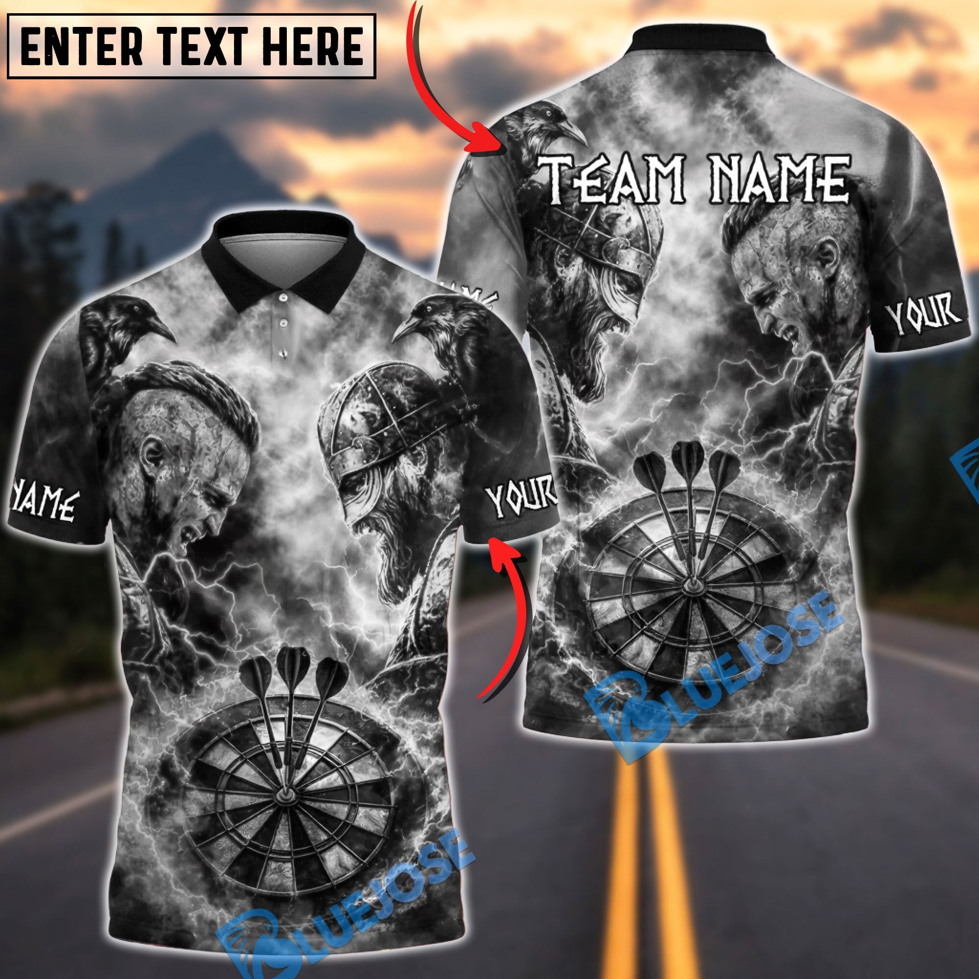 BlueJose Darts Viking Battle Lightning Multicolor Options Personalized Name Shirt (4 Colors)