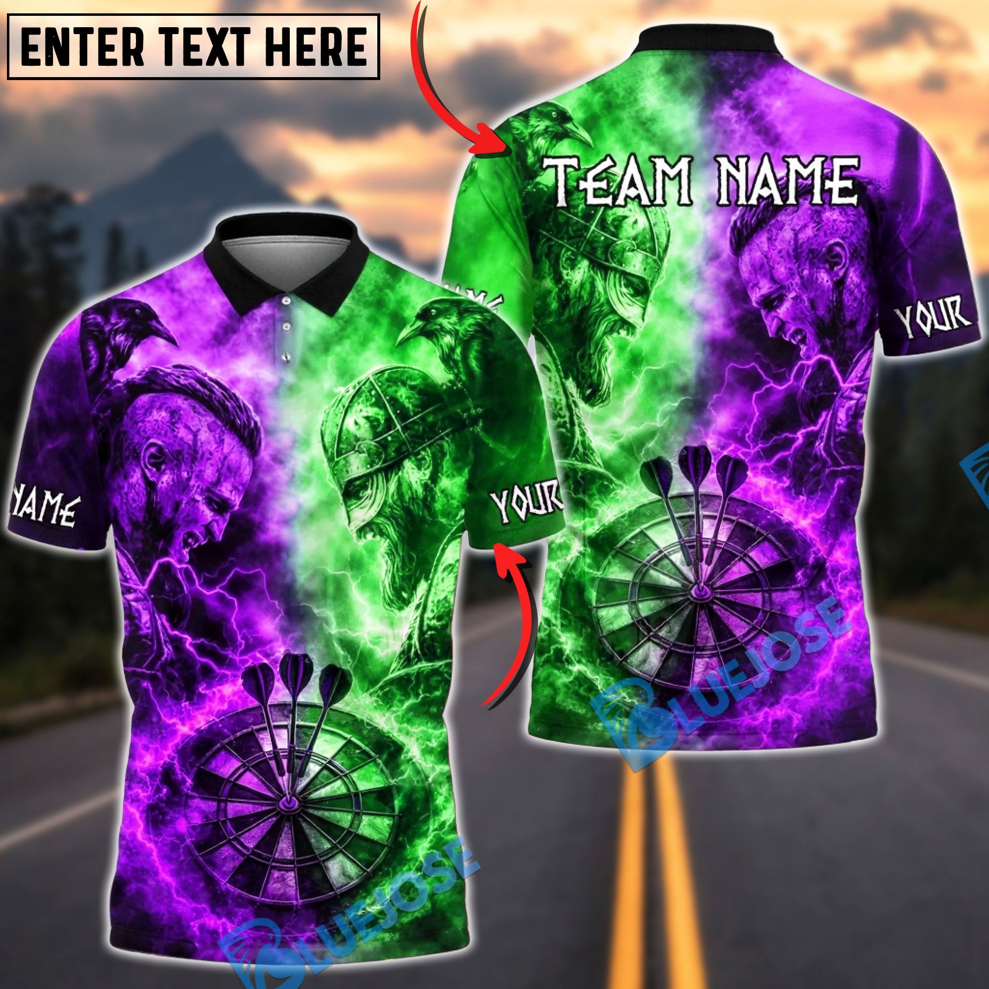 BlueJose Darts Viking Battle Lightning Multicolor Options Personalized Name Shirt (4 Colors)