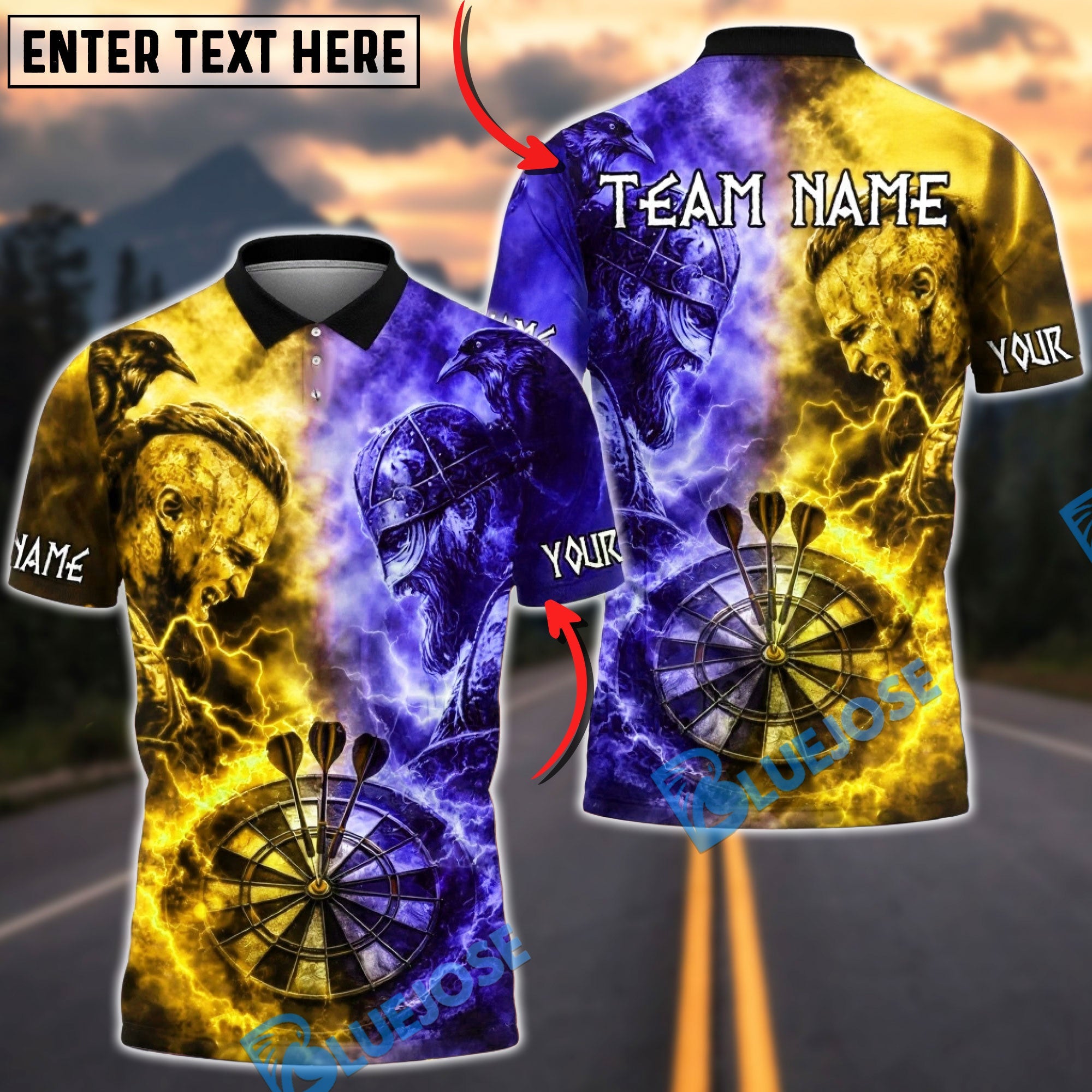 BlueJose Darts Viking Battle Lightning Multicolor Options Personalized Name Shirt (4 Colors)