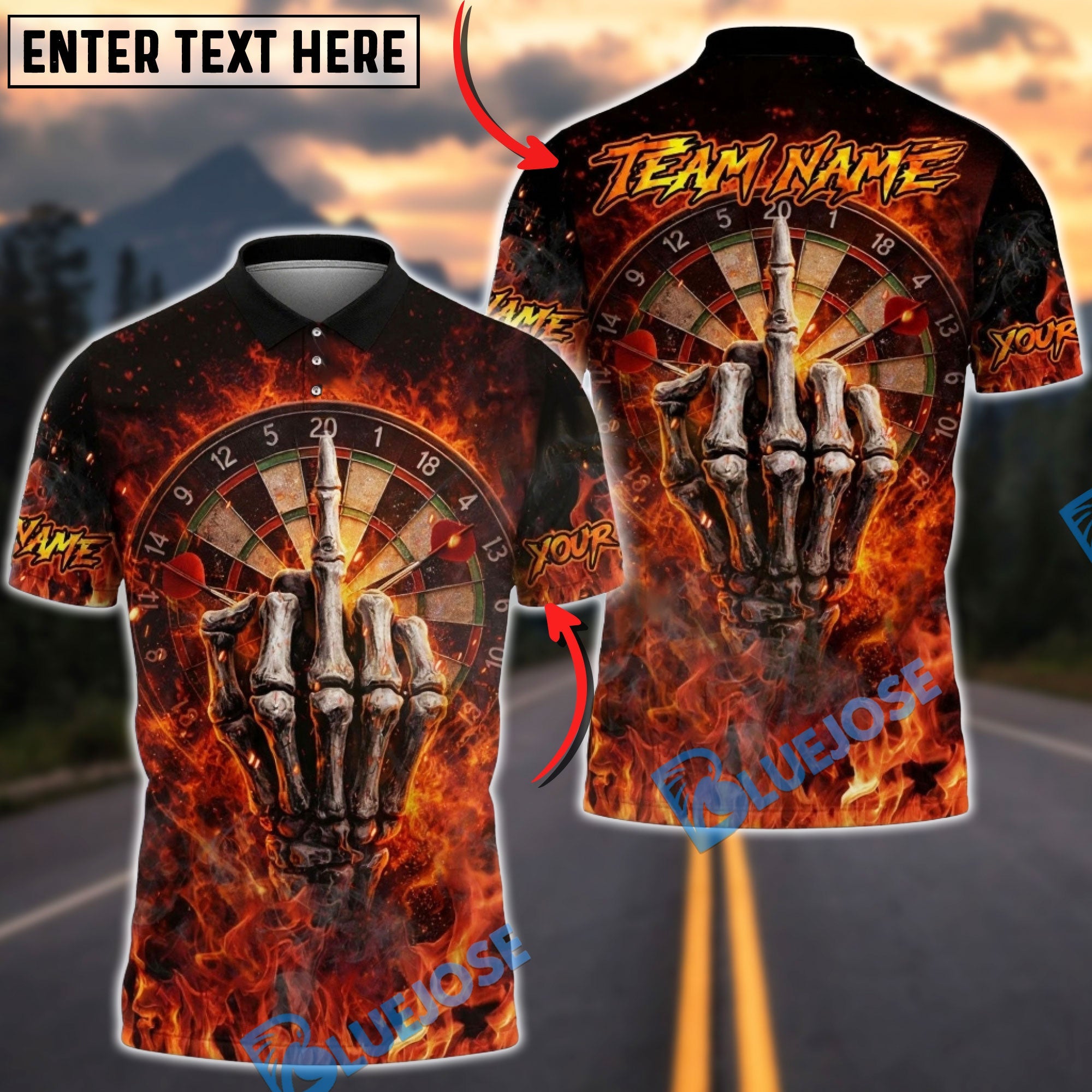 BlueJose Darts Flaming Skeleton Middle Finger Dartboard Multicolor Options Personalized Name Shirt (4 Colors)