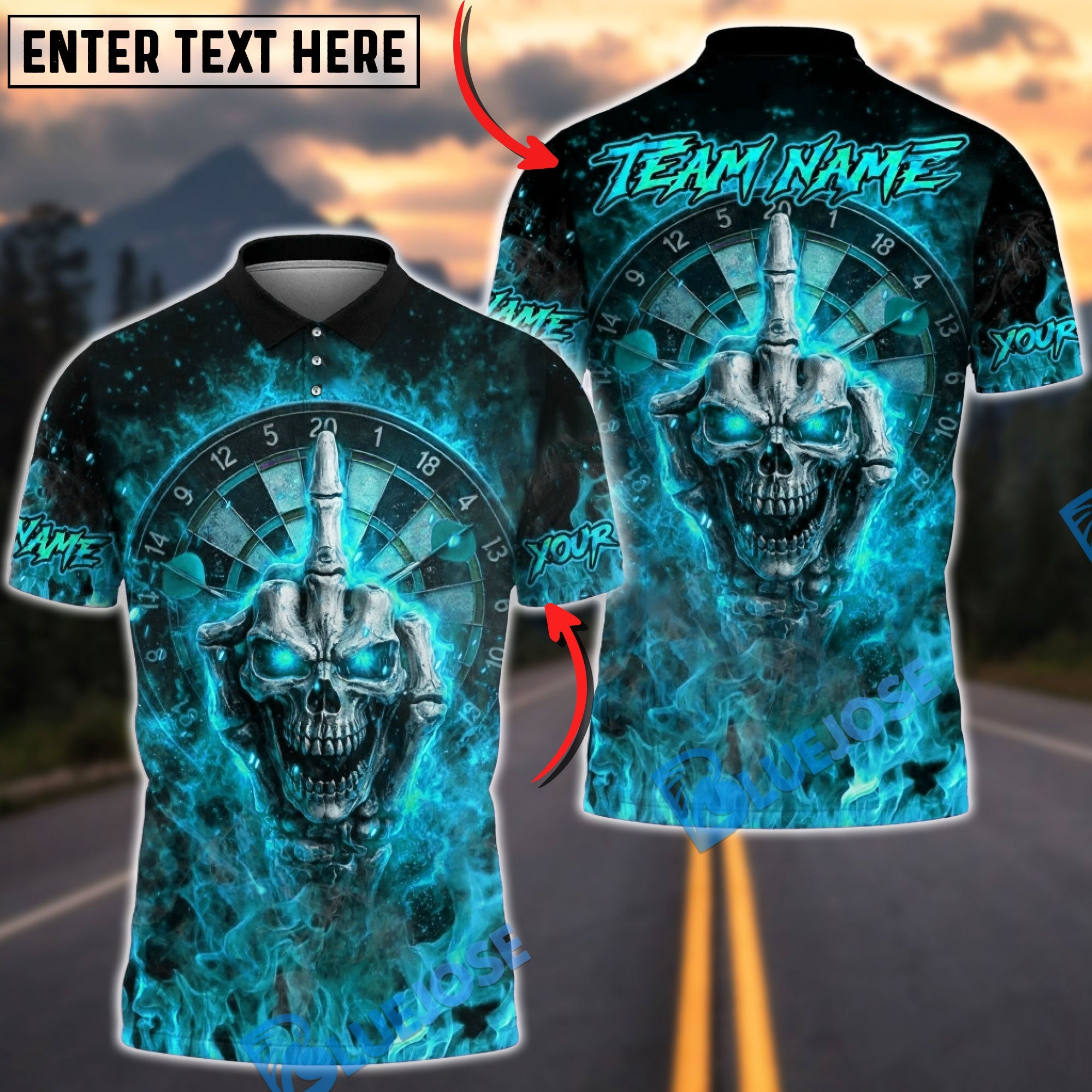 BlueJose Darts Flaming Skull Face Skeleton Middle Finger Dartboard Multicolor Options Personalized Name Shirt (4 Colors)