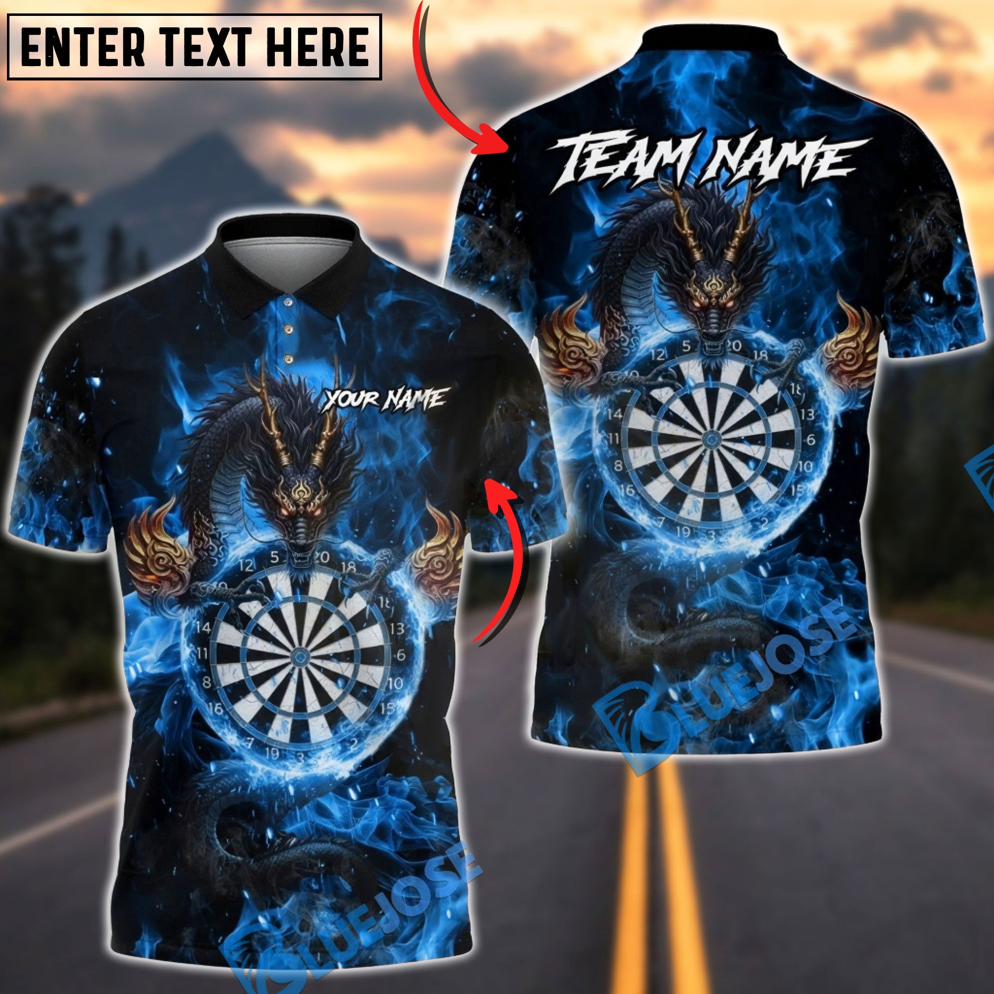 BlueJose Darts Mystic Dragon Fire Dartboard Design Multicolor Options Personalized Name Shirt (6 Colors)