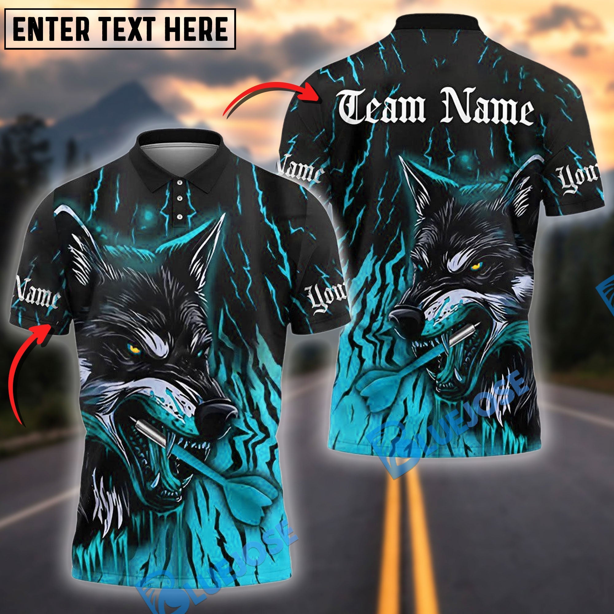 BlueJose Darts Savage Wolf Personalized Name, Team Name Shirt (4 Colors)