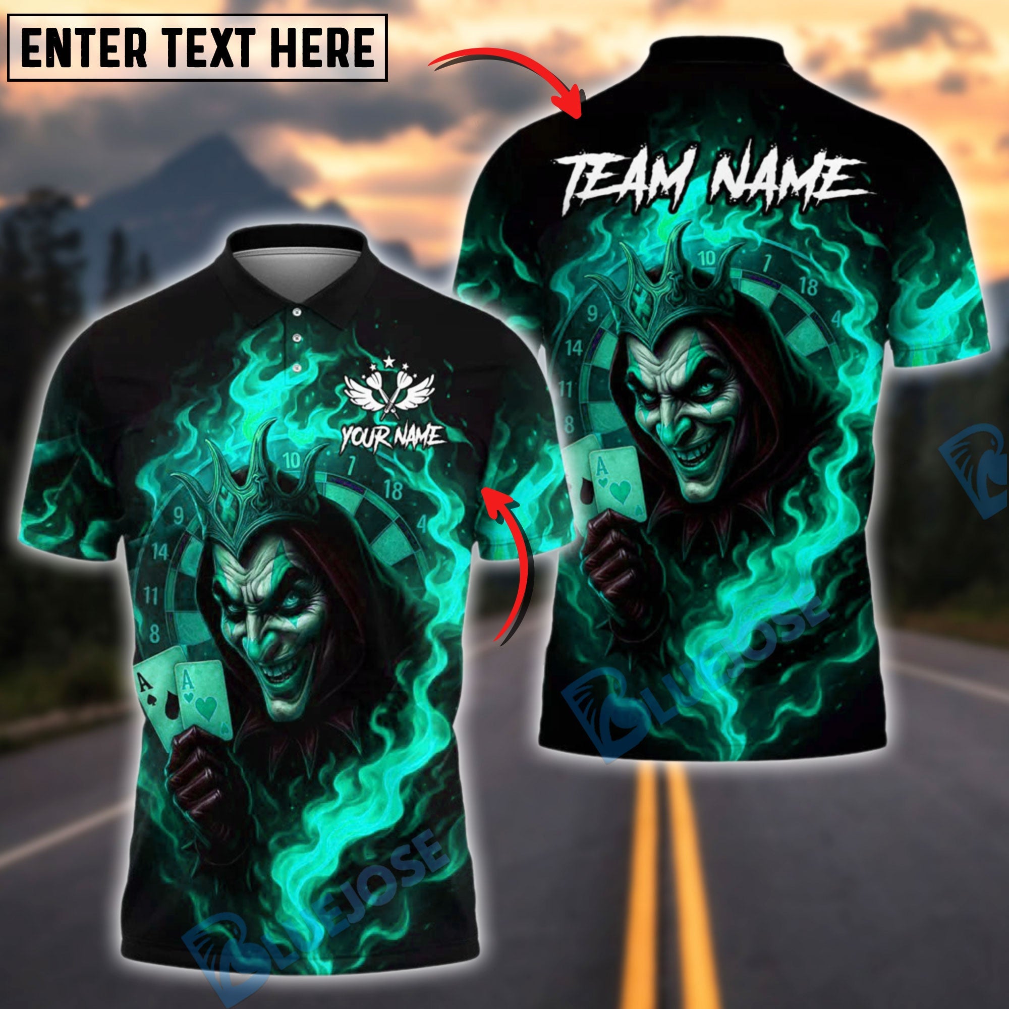 BlueJose Darts Fiery Joker Card Personalized Name, Team Name Shirt (4 Colors)