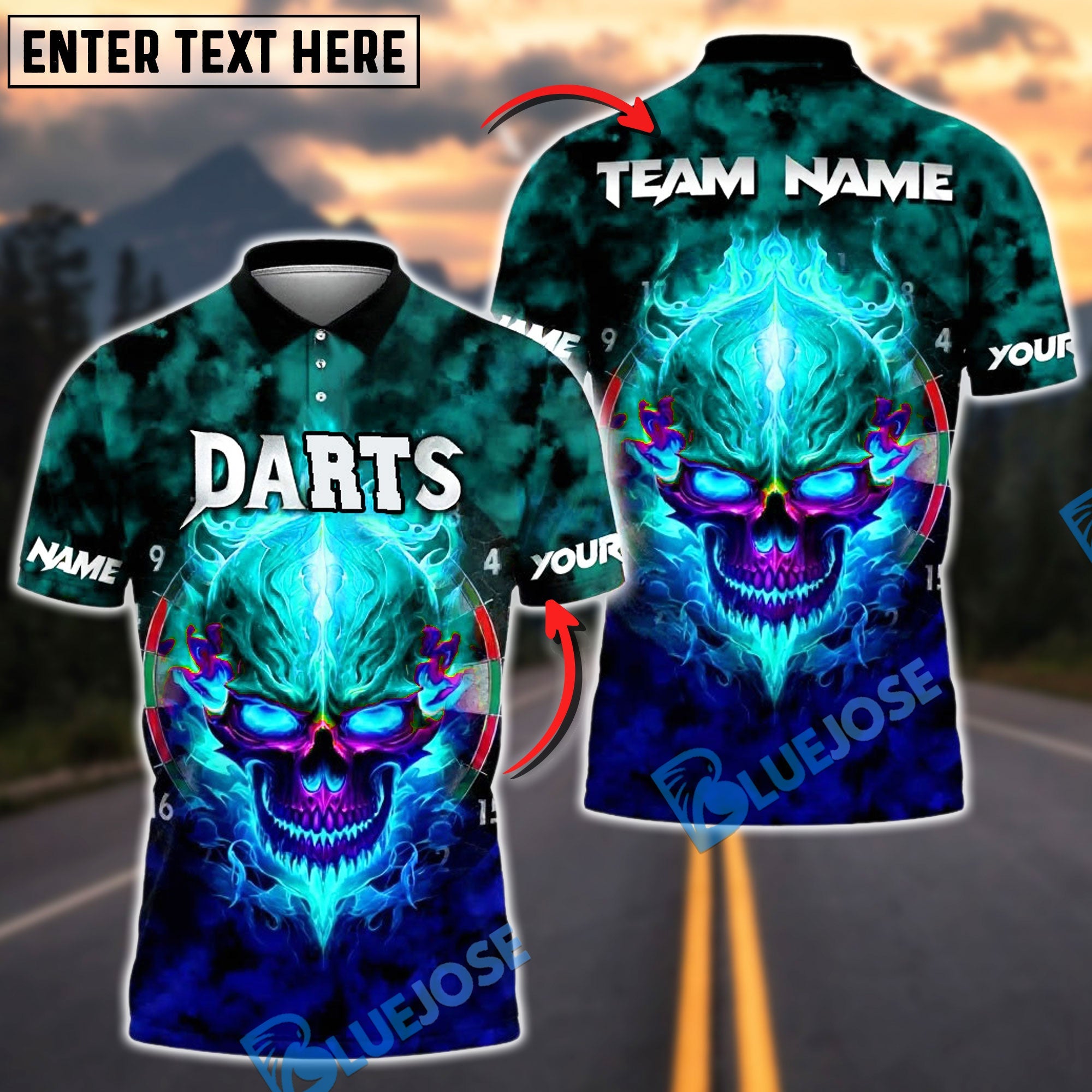 BlueJose Darts Fiery Skull Customized Name, Team Name 3D Shirt (4 Colors)