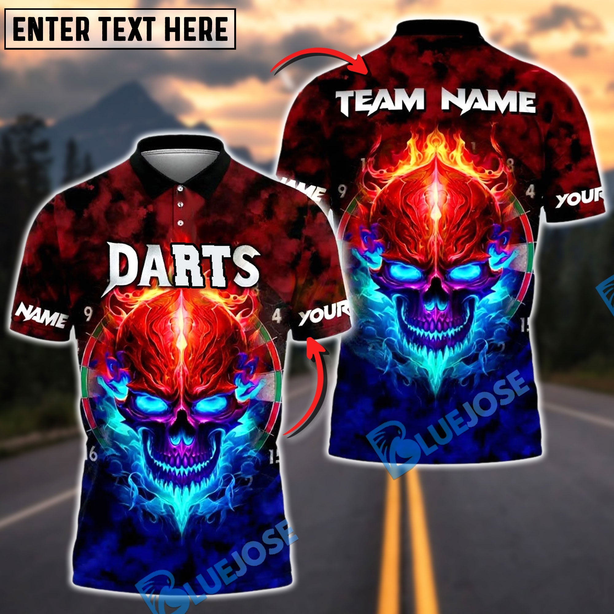 BlueJose Darts Fiery Skull Customized Name, Team Name 3D Shirt (4 Colors)