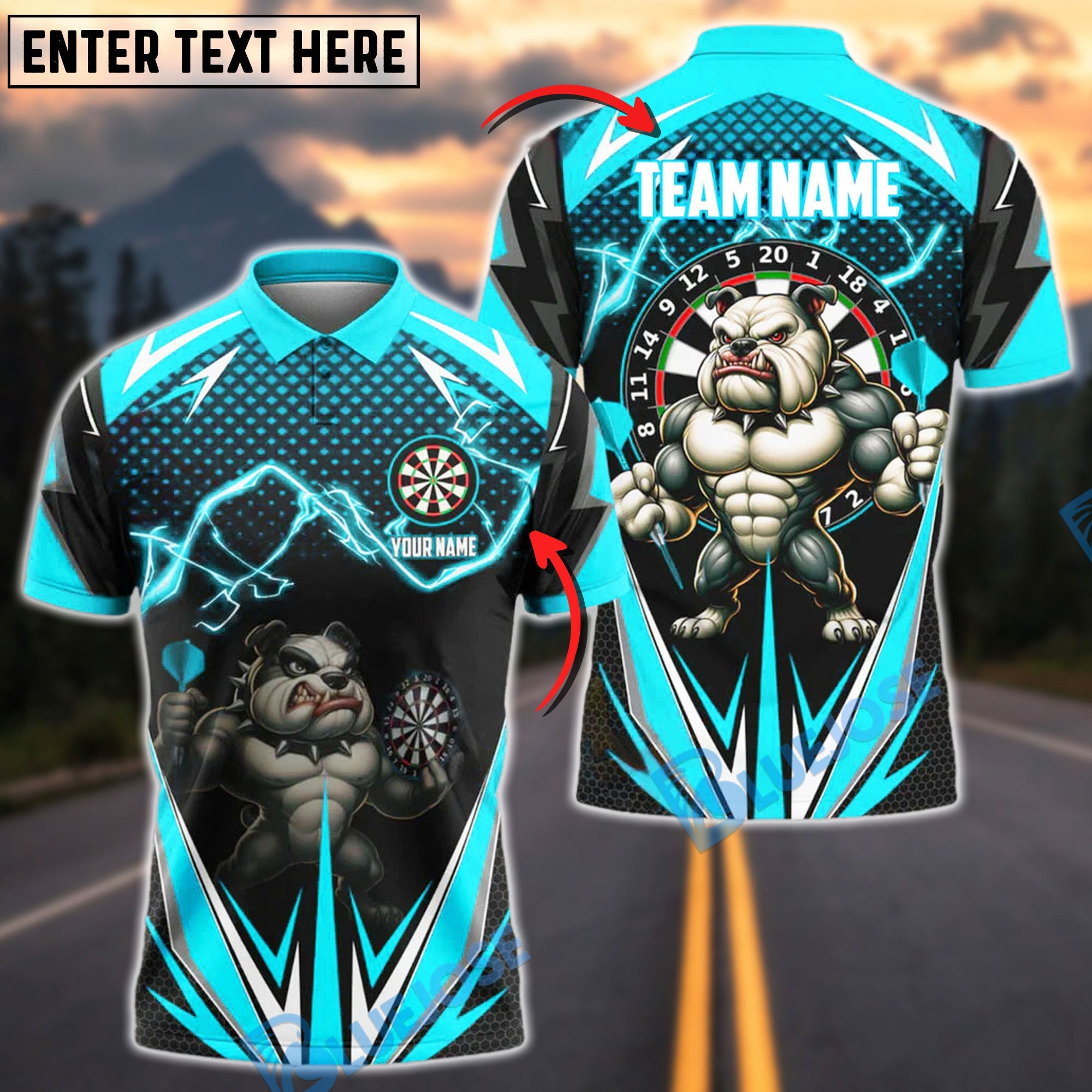 BlueJose Darts Power Bulldog Customized Name, Team Name 3D Shirt (4 Colors)