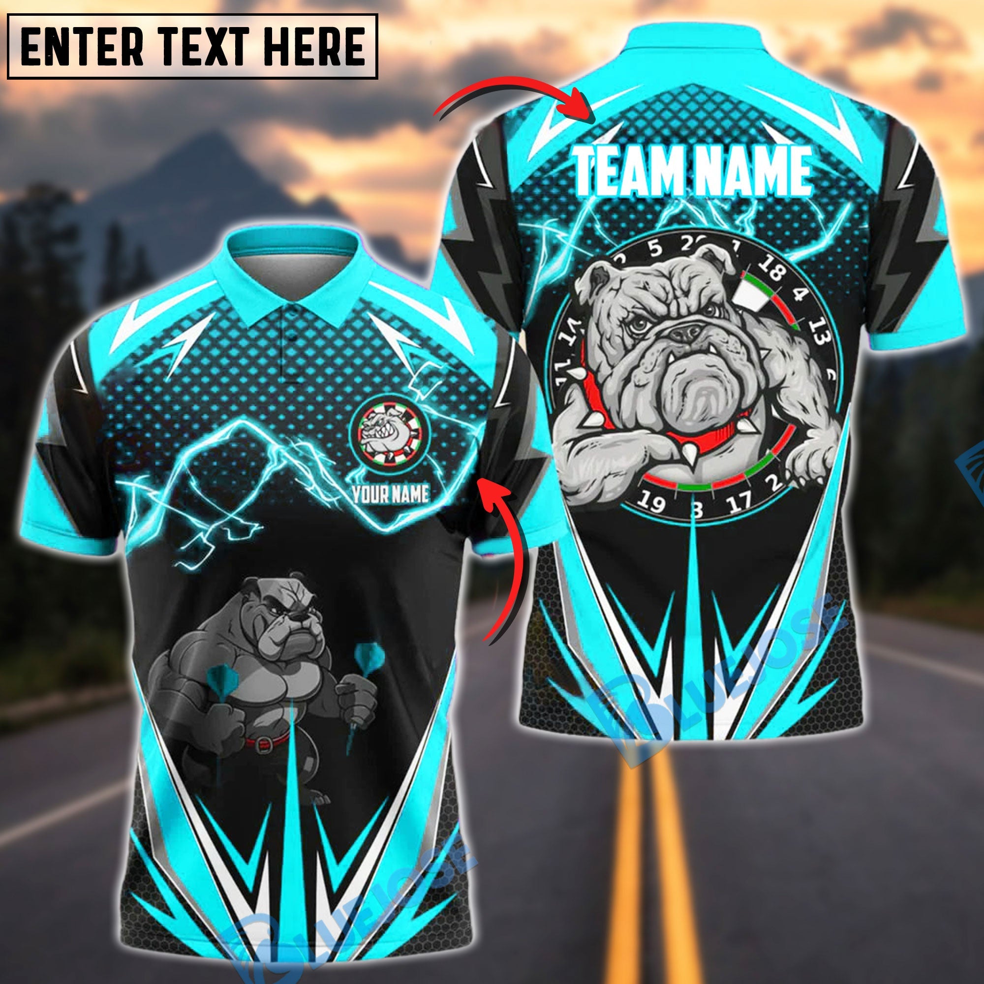 BlueJose Darts Power Lightning Bulldog Customized Name, Team Name 3D Shirt (4 Colors)