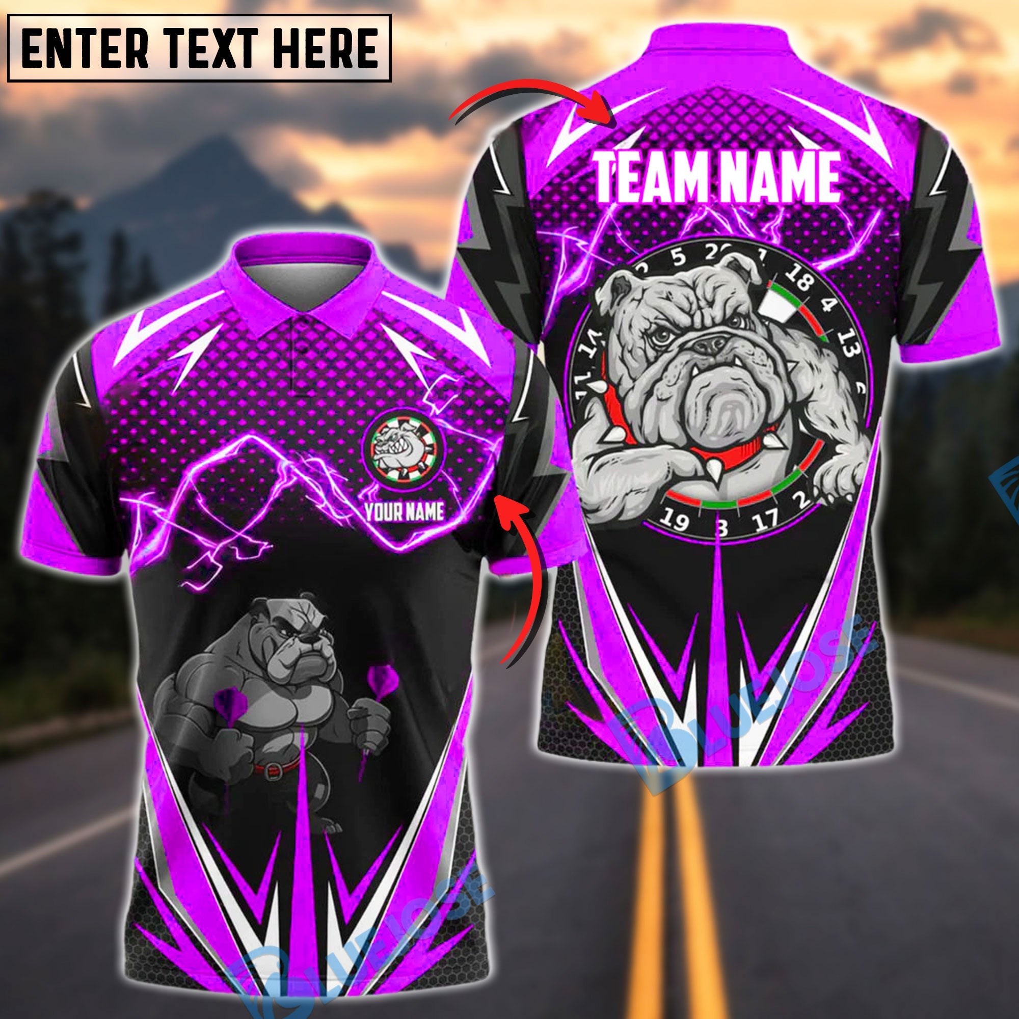 BlueJose Darts Power Lightning Bulldog Customized Name, Team Name 3D Shirt (4 Colors)