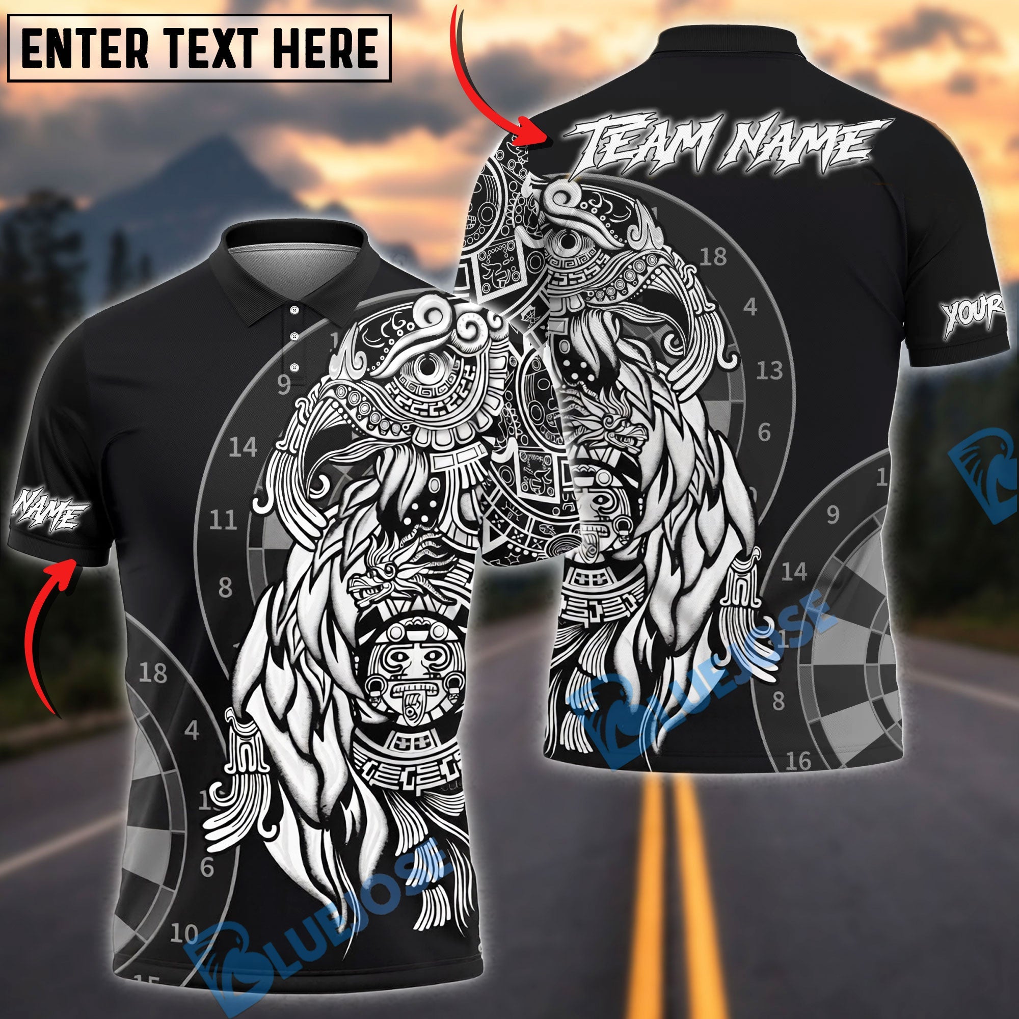 BlueJose Darts Aztec Warrior Personalized Name, Team Name Unisex Shirt (4 Colors)