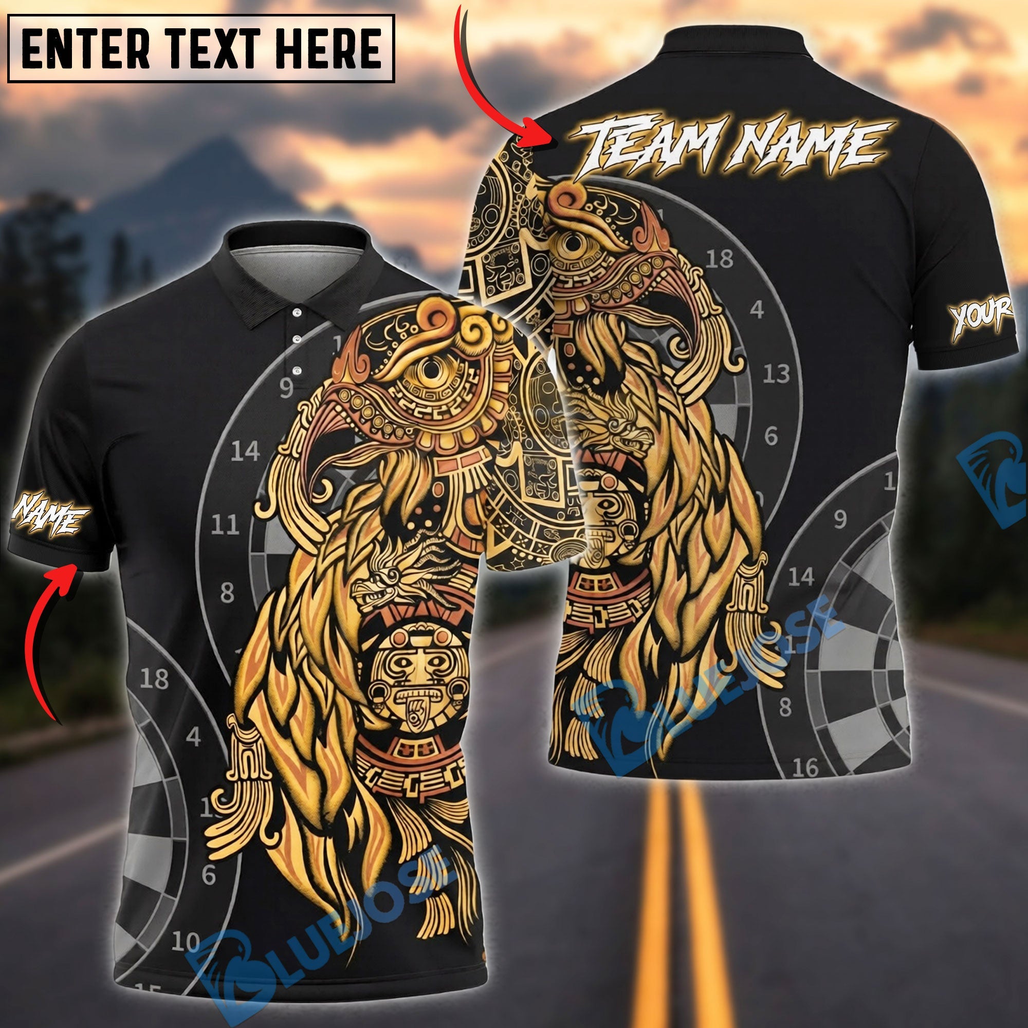 BlueJose Darts Aztec Warrior Personalized Name, Team Name Unisex Shirt (4 Colors)