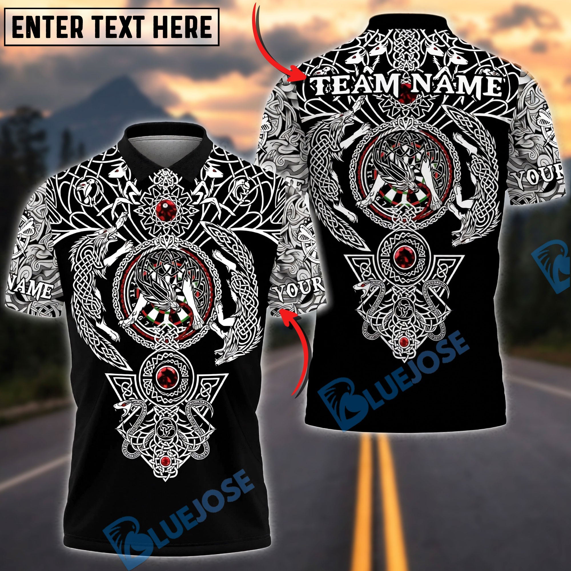 BlueJose Darts Viking Celtic Wolf Personalized Name, Team Name Unisex Shirt (4 Colors)