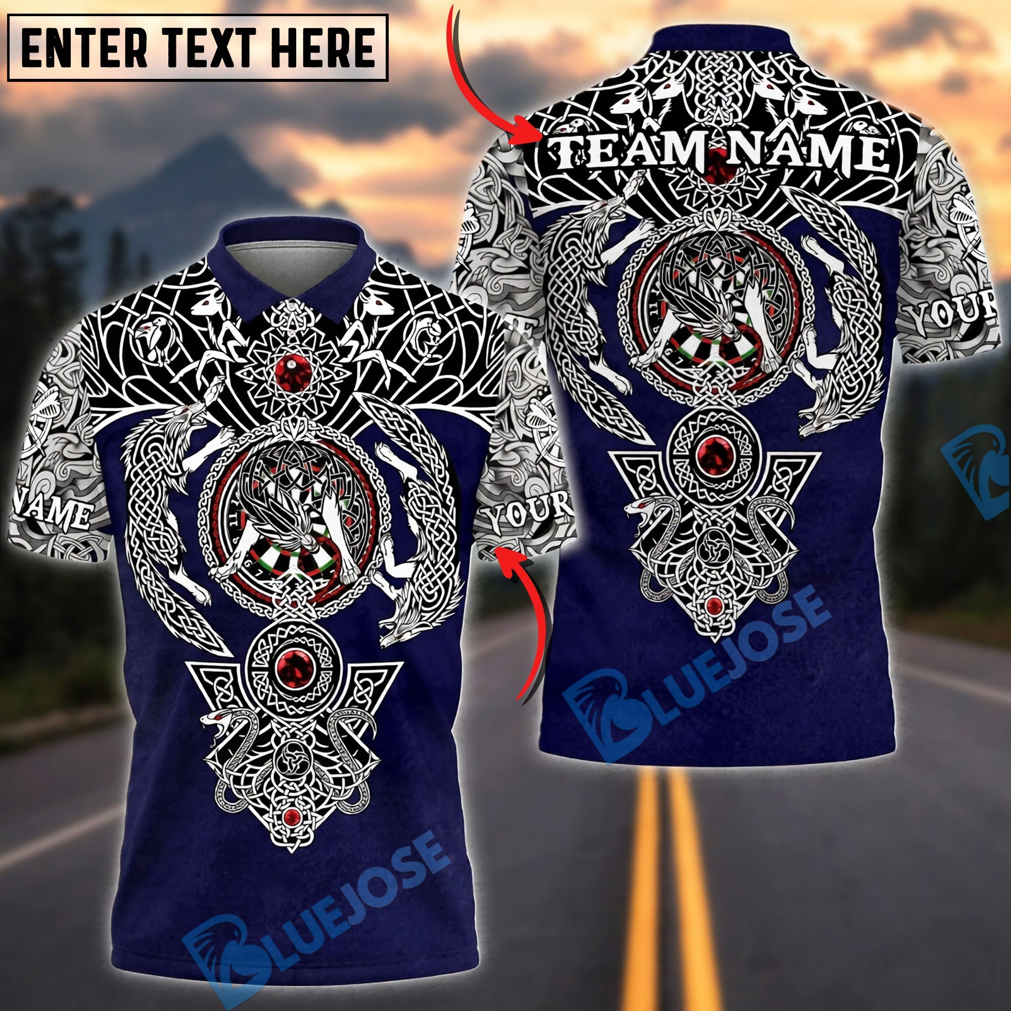 BlueJose Darts Viking Celtic Wolf Personalized Name, Team Name Unisex Shirt (4 Colors)