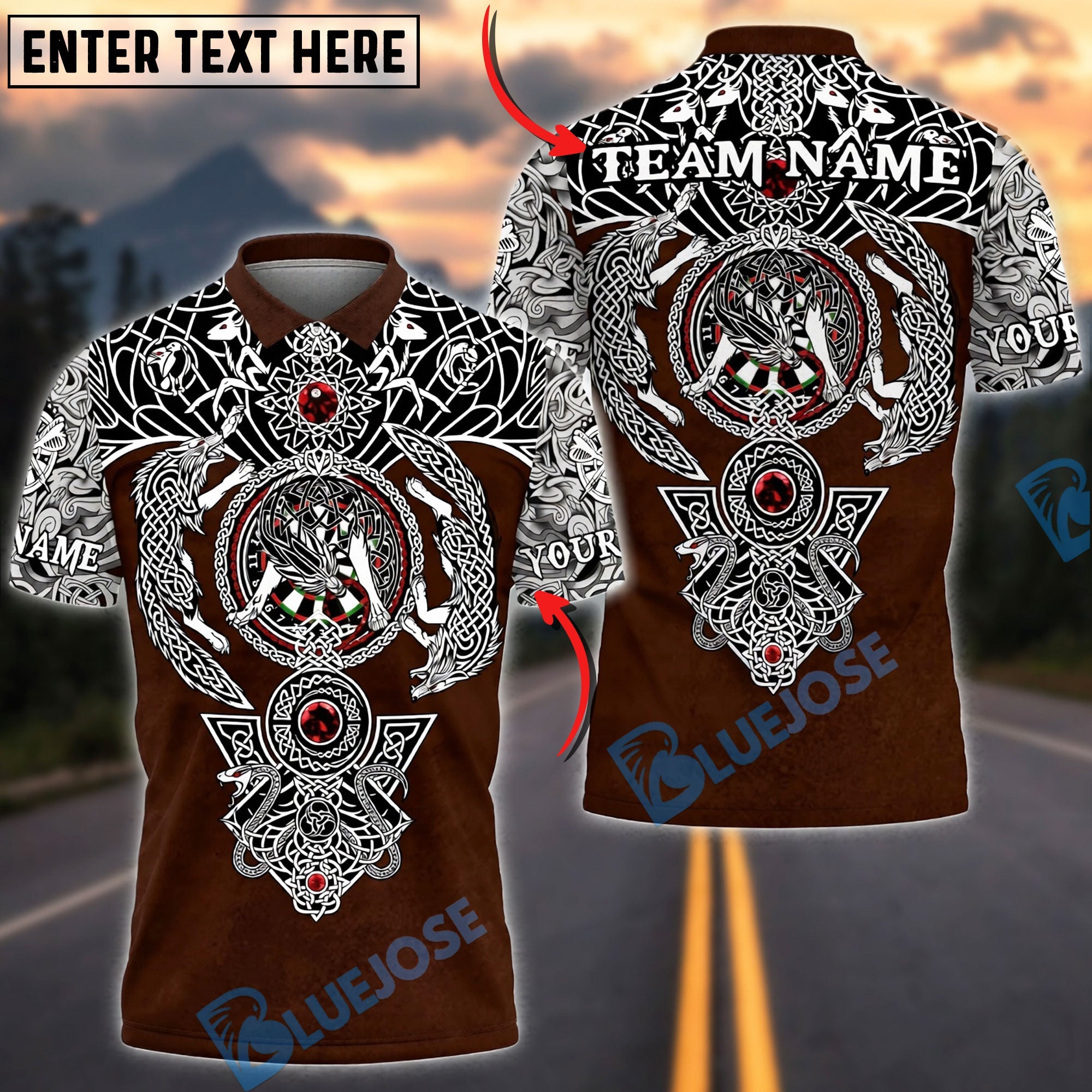 BlueJose Darts Viking Celtic Wolf Personalized Name, Team Name Unisex Shirt (4 Colors)