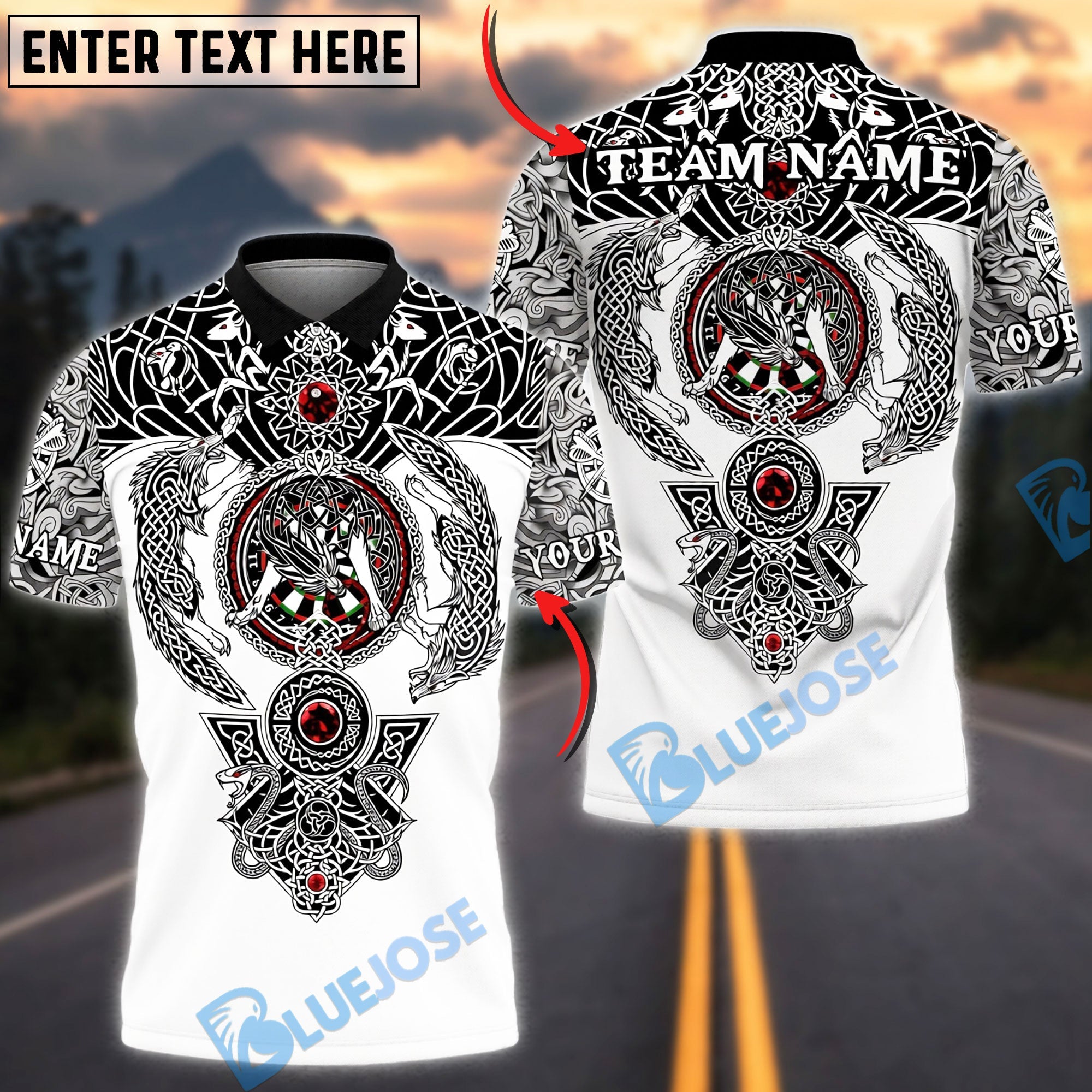 BlueJose Darts Viking Celtic Wolf Personalized Name, Team Name Unisex Shirt (4 Colors)