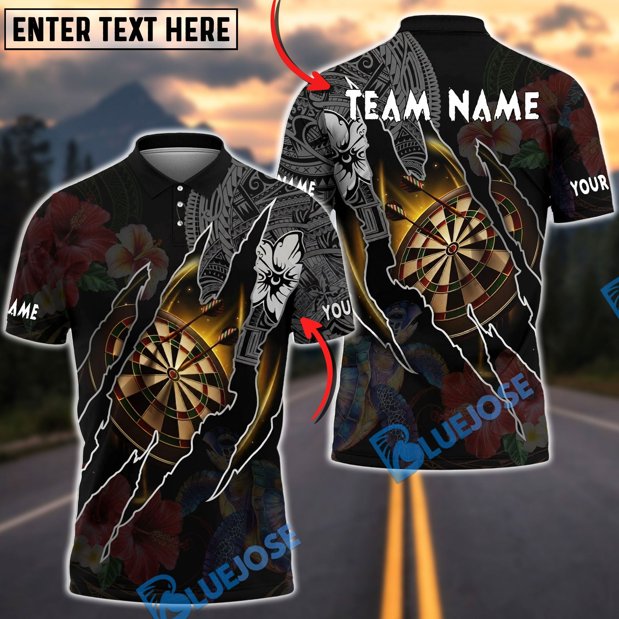 BlueJose Darts Polynesian Dartboard  Hibiscus Turtle Personalized Name, Team Name Unisex Shirt (4 Colors)