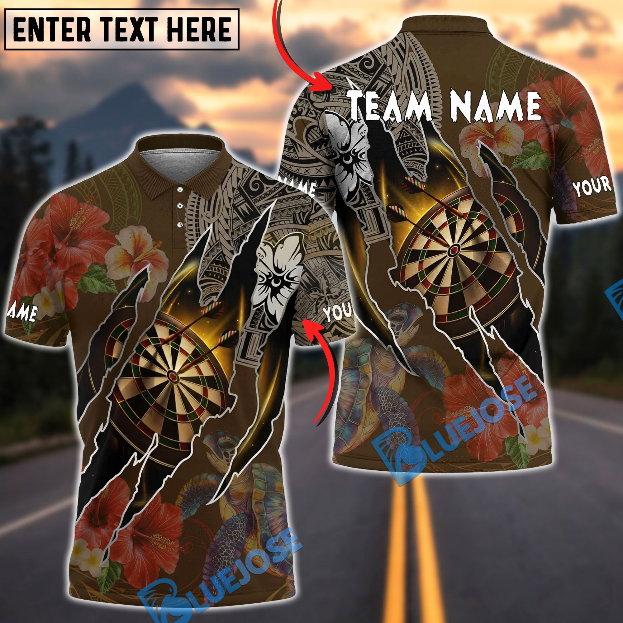 BlueJose Darts Polynesian Dartboard  Hibiscus Turtle Personalized Name, Team Name Unisex Shirt (4 Colors)