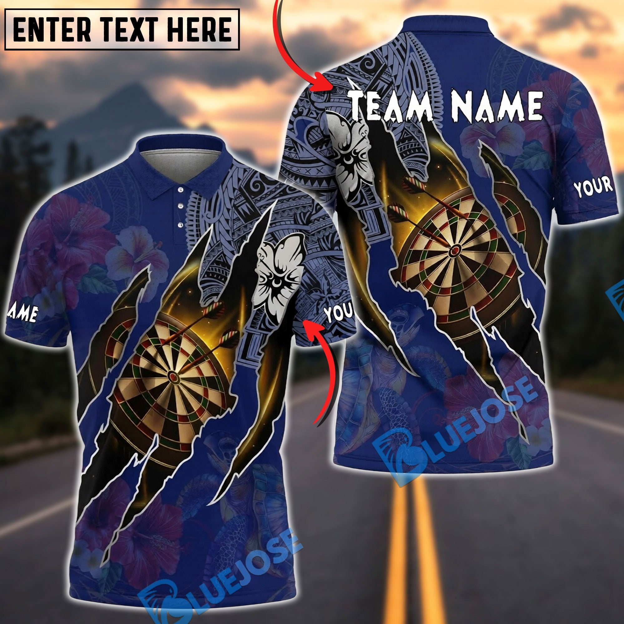 BlueJose Darts Polynesian Dartboard  Hibiscus Turtle Personalized Name, Team Name Unisex Shirt (4 Colors)