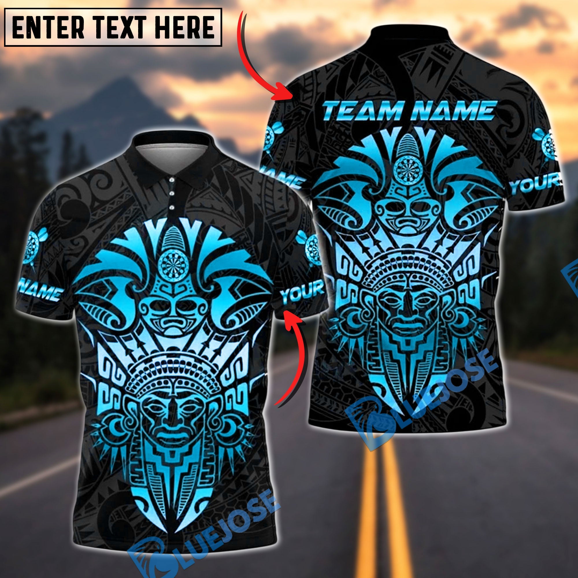 BlueJose Darts Sport Aztec Mask Armor Personalized Name, Team Name Shirt (6 Colors)