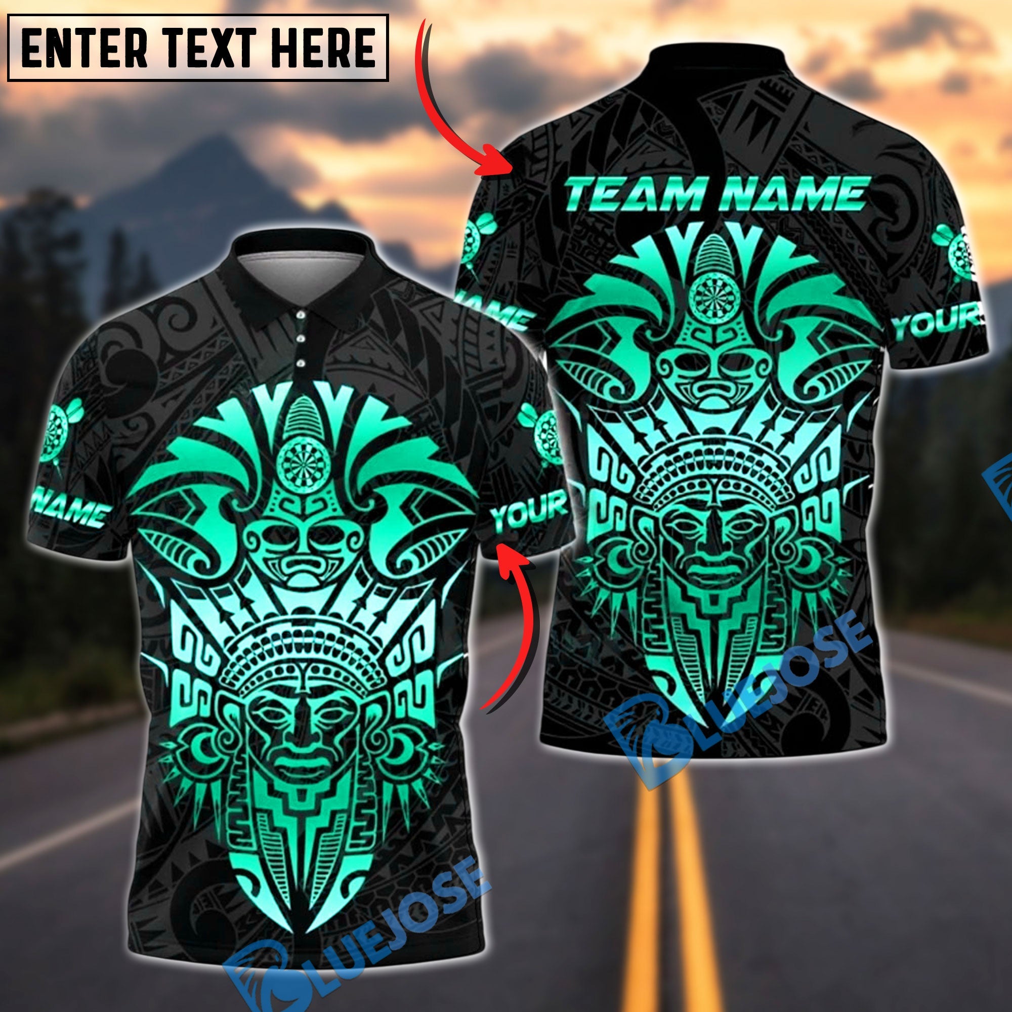 BlueJose Darts Sport Aztec Mask Armor Personalized Name, Team Name Shirt (6 Colors)