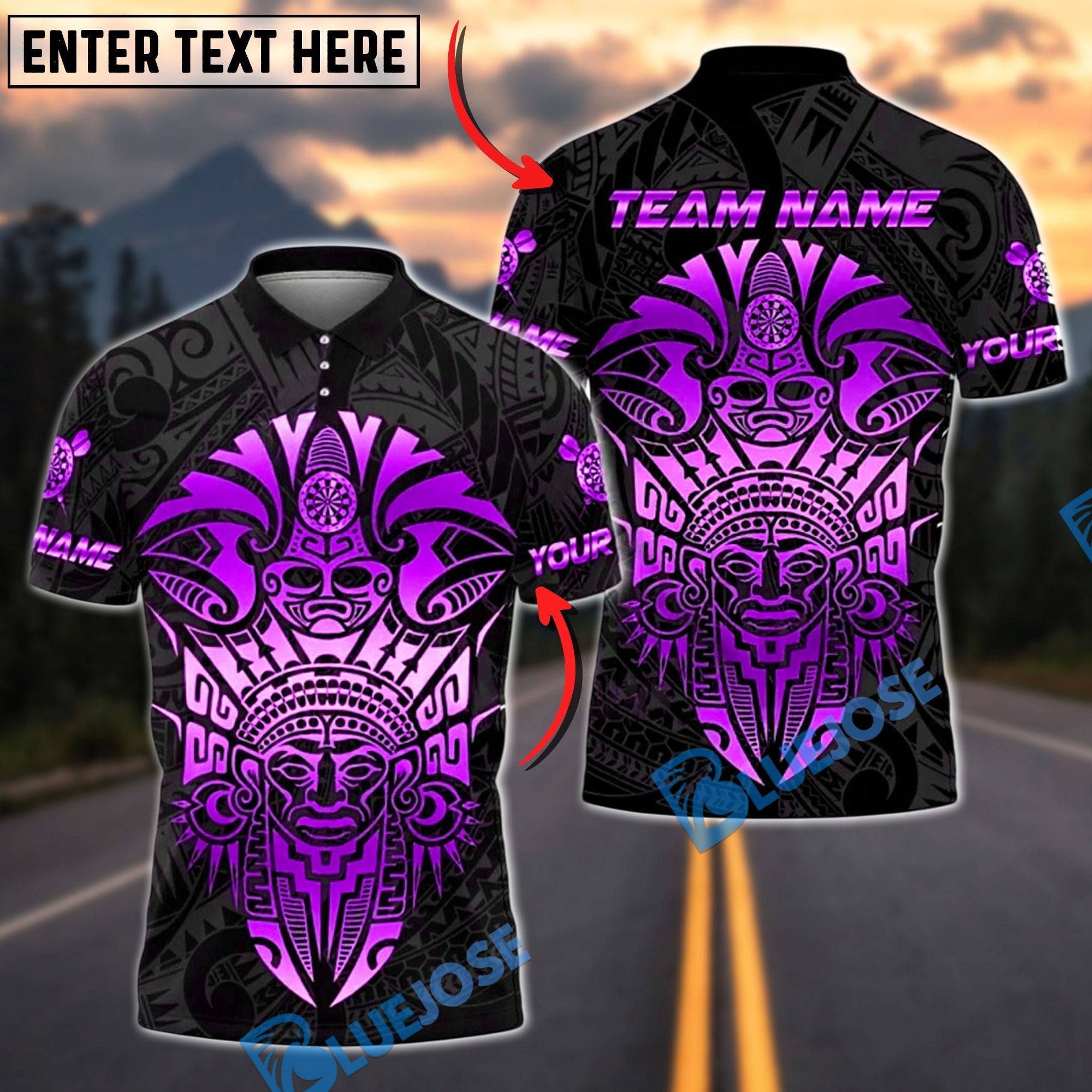 BlueJose Darts Sport Aztec Mask Armor Personalized Name, Team Name Shirt (6 Colors)