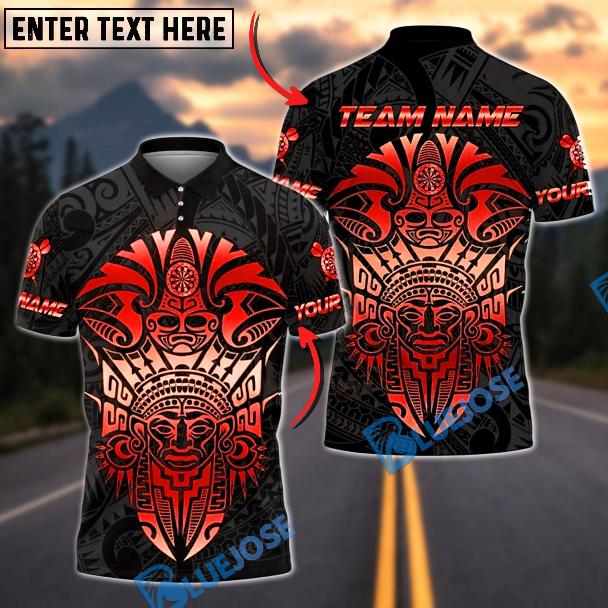 BlueJose Darts Sport Aztec Mask Armor Personalized Name, Team Name Shirt (6 Colors)