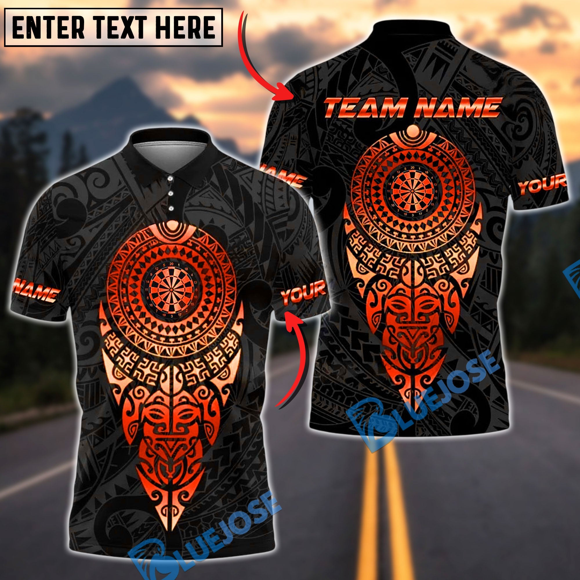 BlueJose Darts Sport Aztec Gold Target Mandala Personalized Name, Team Name Unisex Shirt (4 Colors)