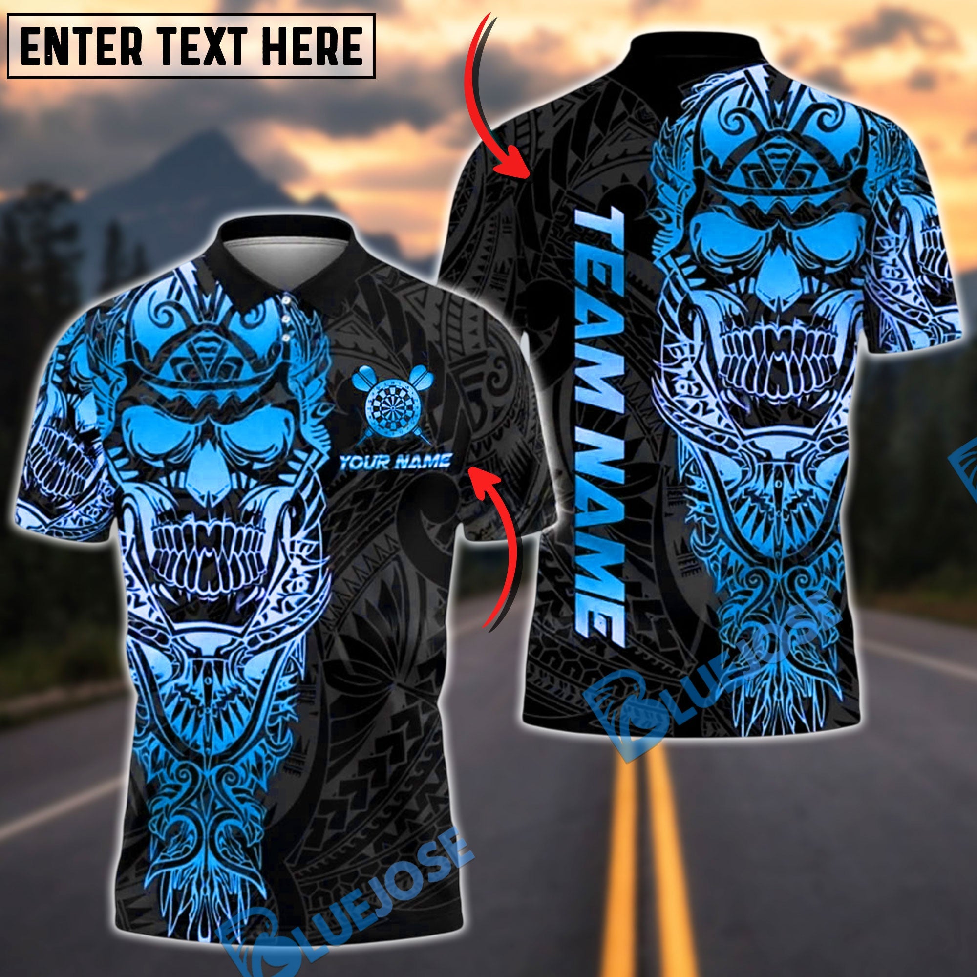 BlueJose Darts Sport Skull Warrior Tribal Personalized Name, Team Name Unisex Shirt (4 Colors)