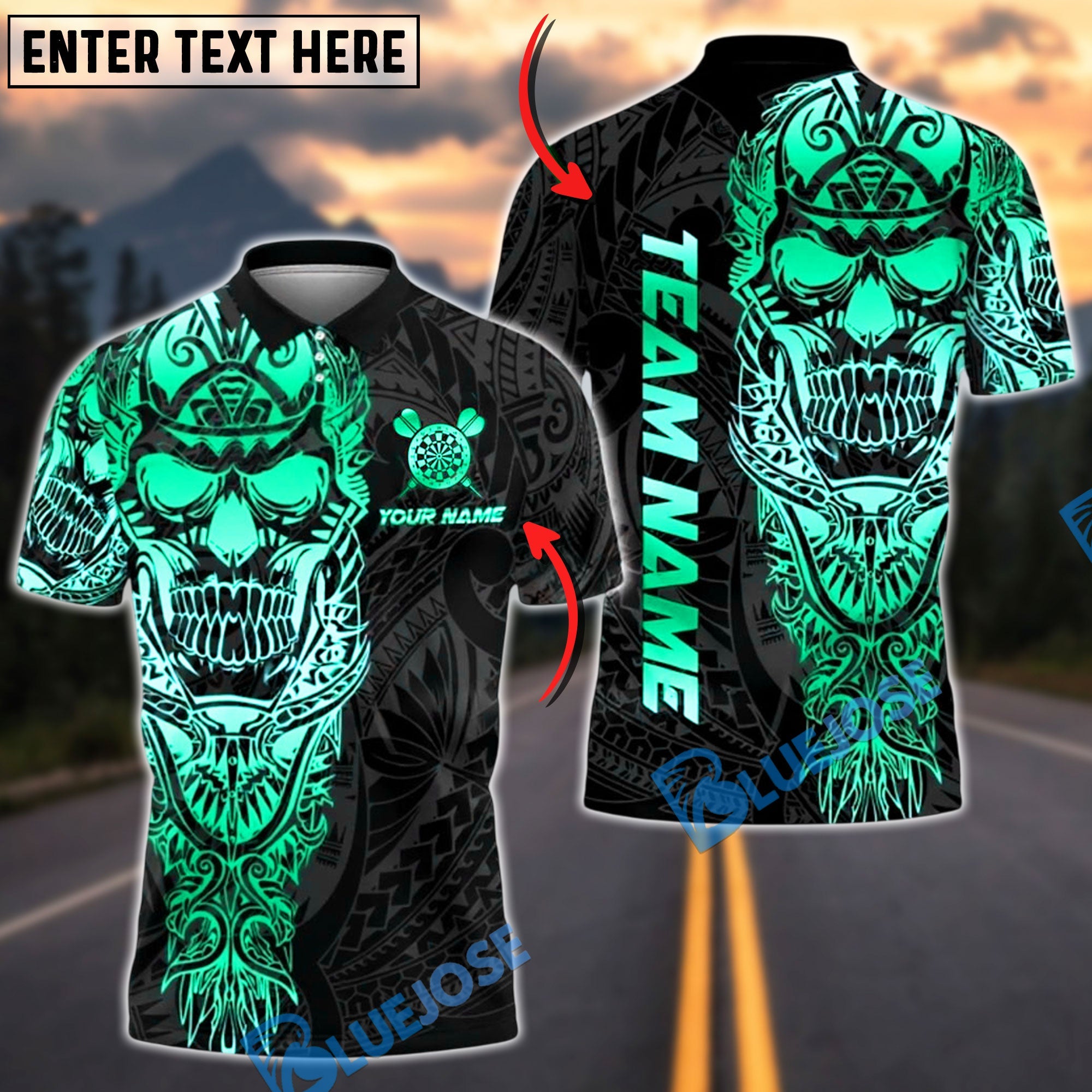 BlueJose Darts Sport Skull Warrior Tribal Personalized Name, Team Name Unisex Shirt (4 Colors)