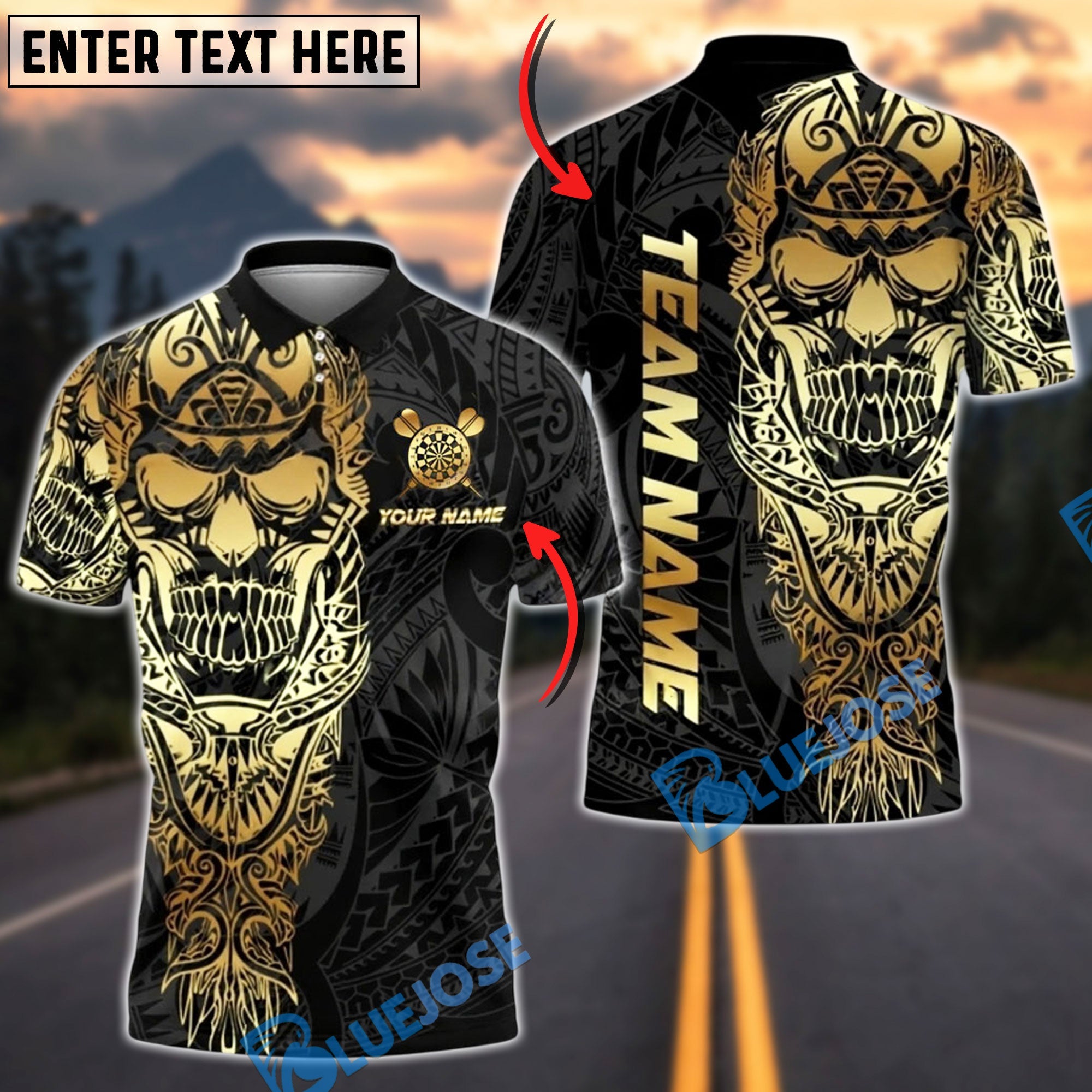 BlueJose Darts Sport Skull Warrior Tribal Personalized Name, Team Name Unisex Shirt (4 Colors)