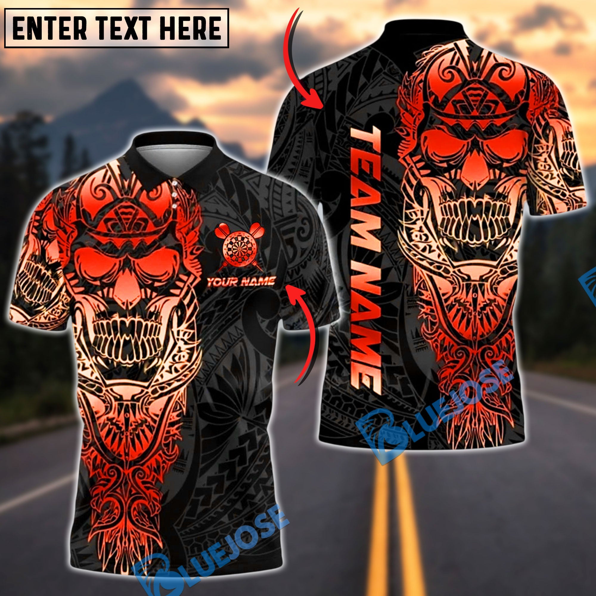 BlueJose Darts Sport Skull Warrior Tribal Personalized Name, Team Name Unisex Shirt (4 Colors)