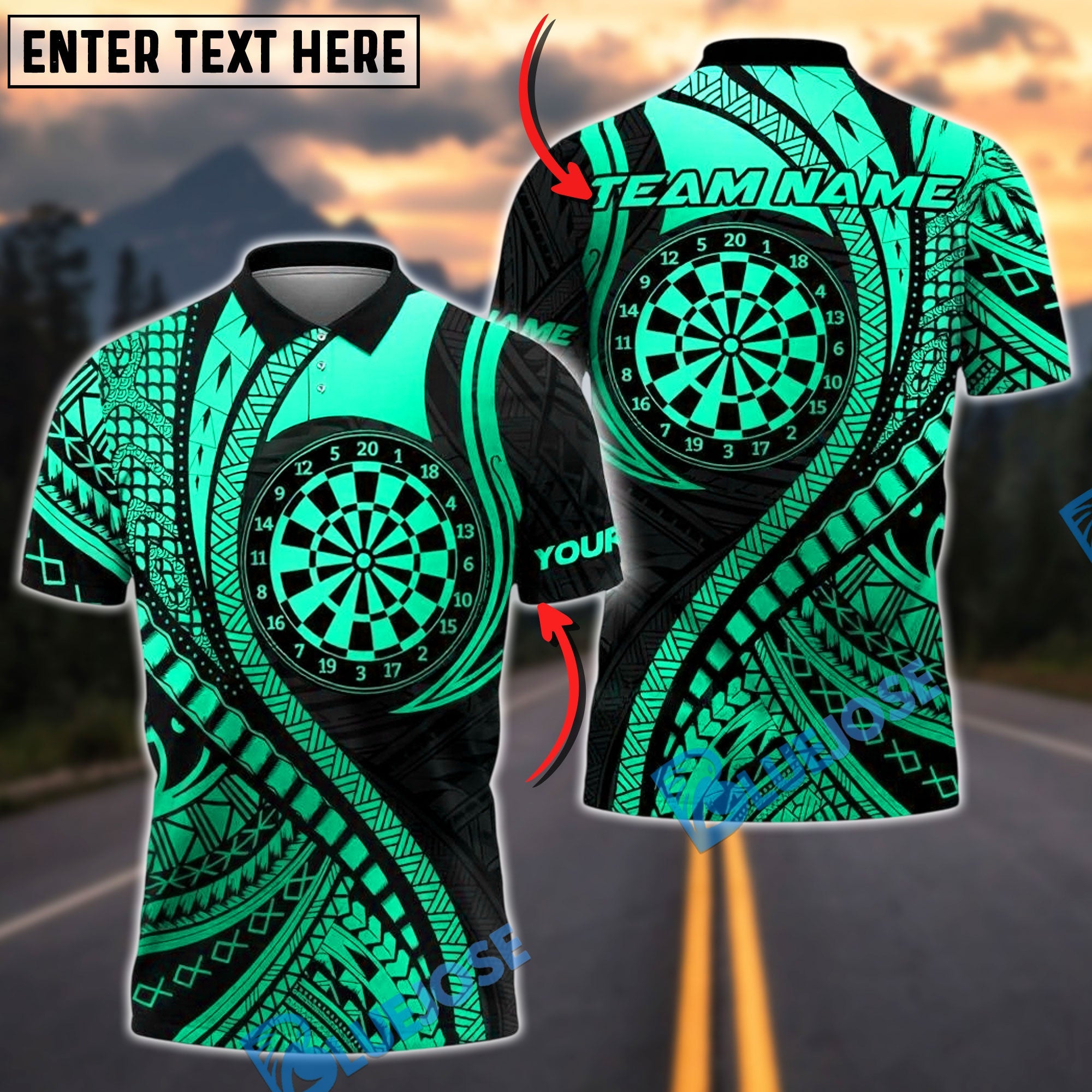 BlueJose Darts Sport Polynesian Tribal Target Mandala Personalized Name, Team Name Unisex Shirt (4 Colors)